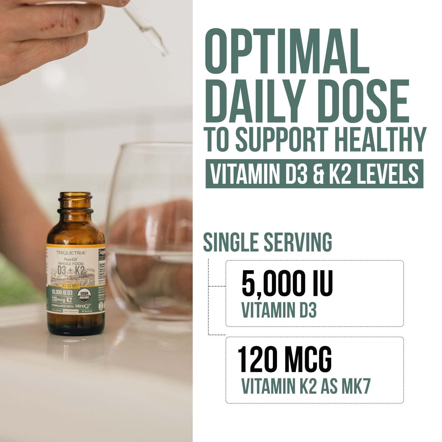 Triquetra Health Organic Plant D3+K2 (5000 iu D3) All-Trans MK7 from MenaQ7 (120 mcg K2) 100% Organic & Plant-Based Sublingual D3 Drops (Cholecalciferol), 100% Vegan, Supports Immunity, and Bone, (1oz-2Pack)