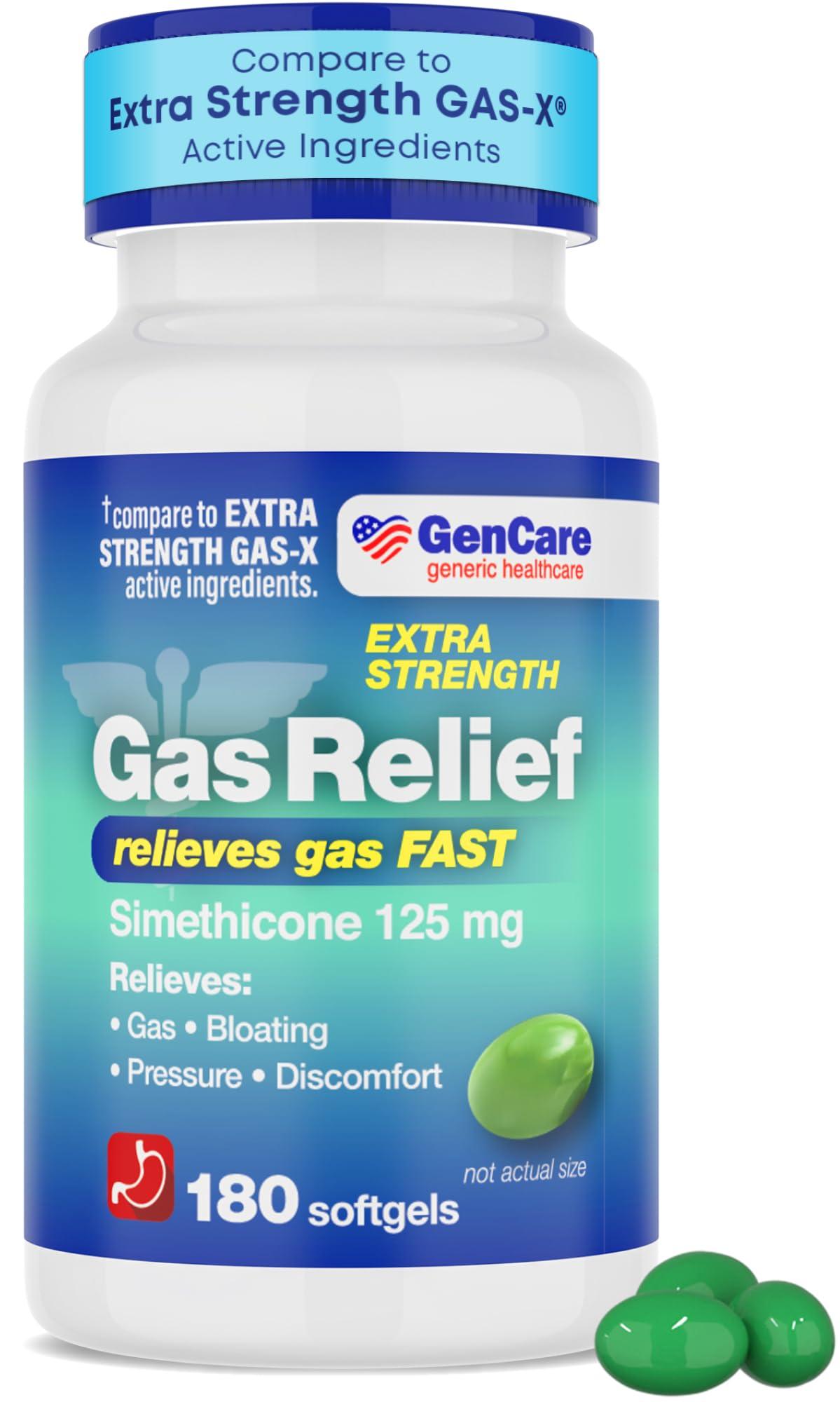 GenCare GenCare -Extra Strength Gas Relief Simethicone 125mg (180 Softgels) Maximum Strength Anti Gas Pills for Bloating Relief, Pressure & Discomfort - Compare to Generic Extra Strength Gas X