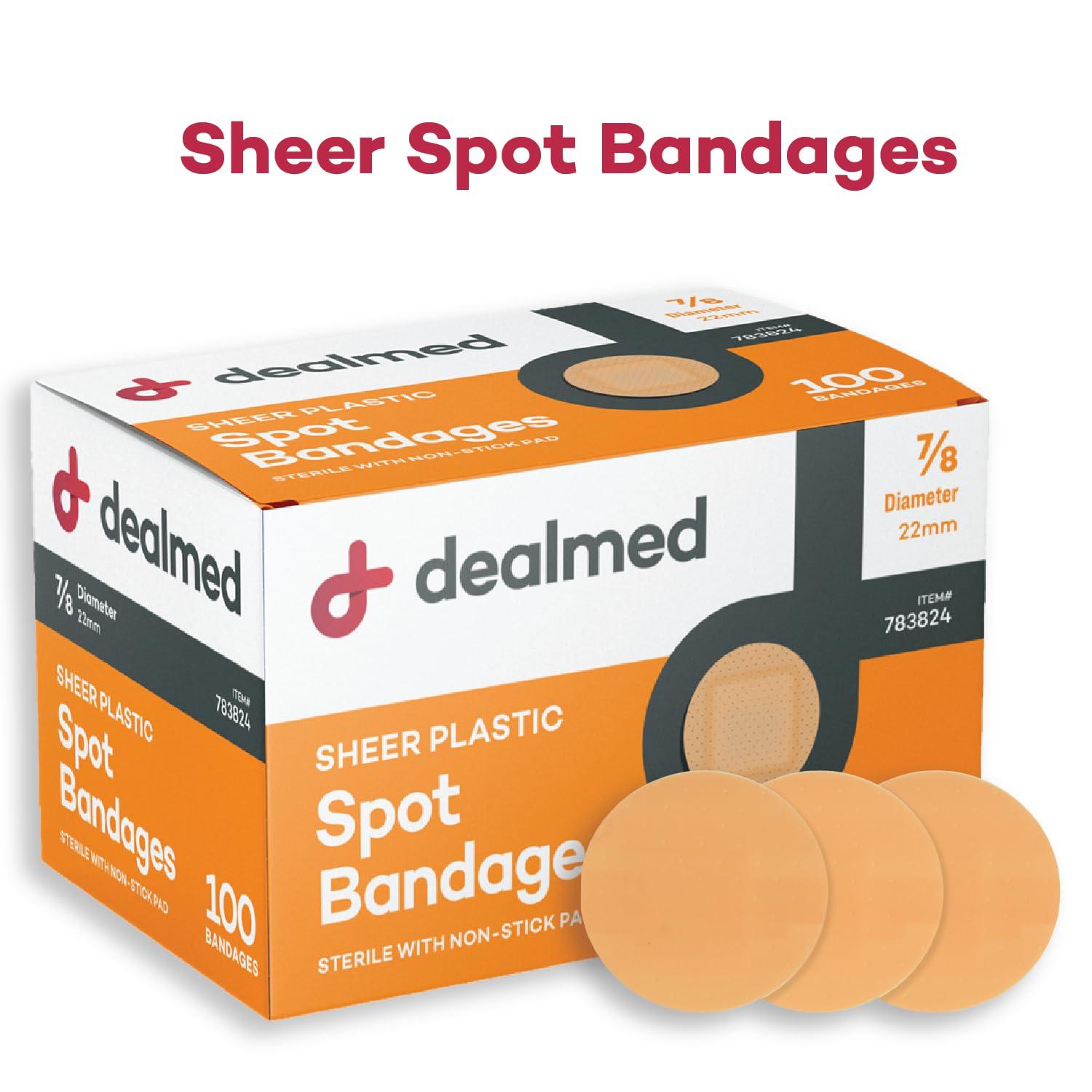 Dealmed Dealmed Sheer Plastic Spot Bandages  7/8 Small Round Sterile Strips, Adhesive Outer with Non-Stick Pad, Latex Free, Wound Care for First Aid Kit, 100 per Box (2 Pack)