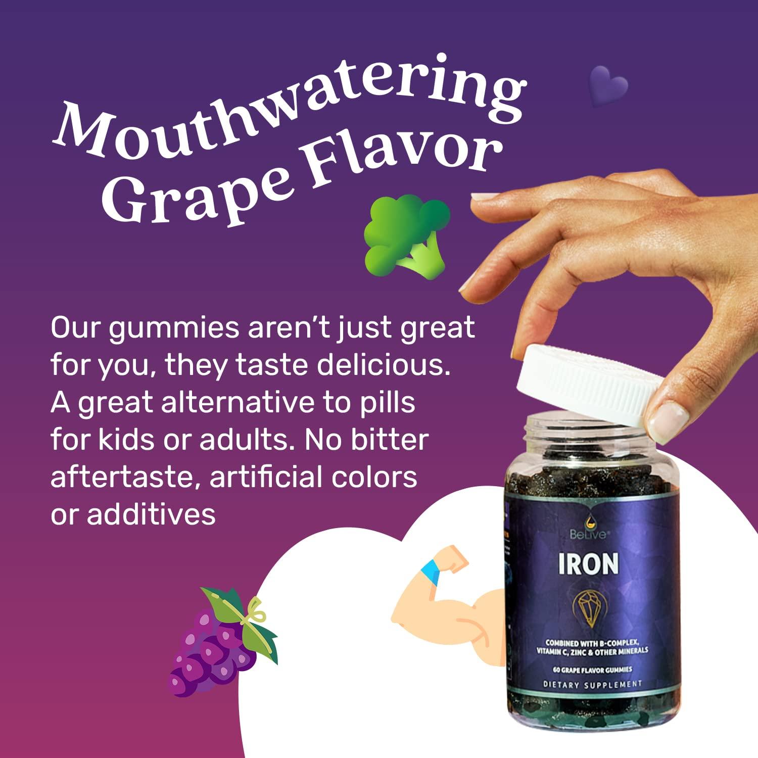 BeLive BeLive Iron Gummies - Multivitamin Supplement with Vitamin C, A, B & Zinc, Supports Blood Oxygen, Vegan Iron Supplements for Women, Men & Kids for Growth and Development - Grape Flavor | 1-Pack