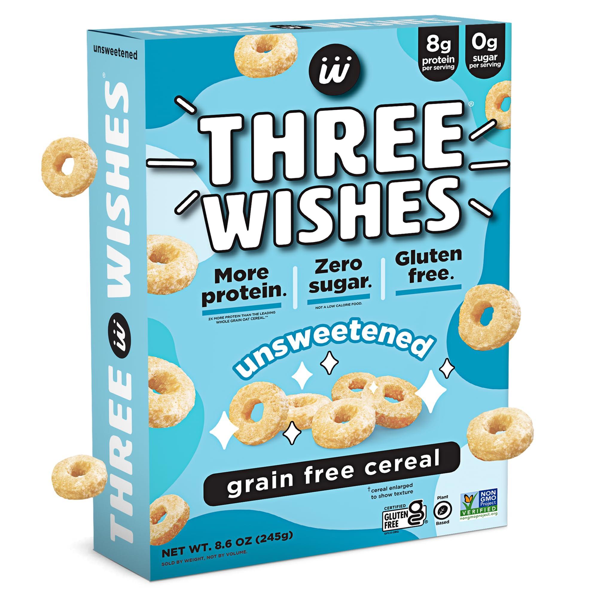 Three Wishes Plant-Based and Vegan Breakfast Cereal by Three Wishes - Unsweetened, 1 Pack - More Protein and Less Sugar Snack - Gluten-Free, Grain-Free - Non-GMO