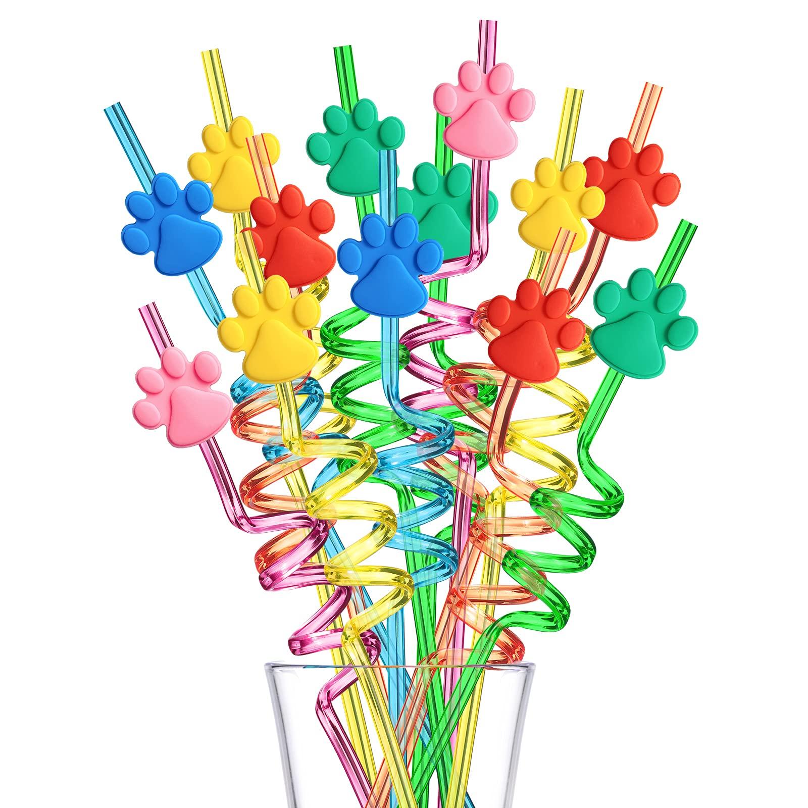 FZR Legend 24 Paw Birthday Party Supplies Paw Print Drinking Straws with 2 PCS Straws Patrol Cleaning Brush for Pet Dog Puppy Pals Cat Birthday Decorations Favors
