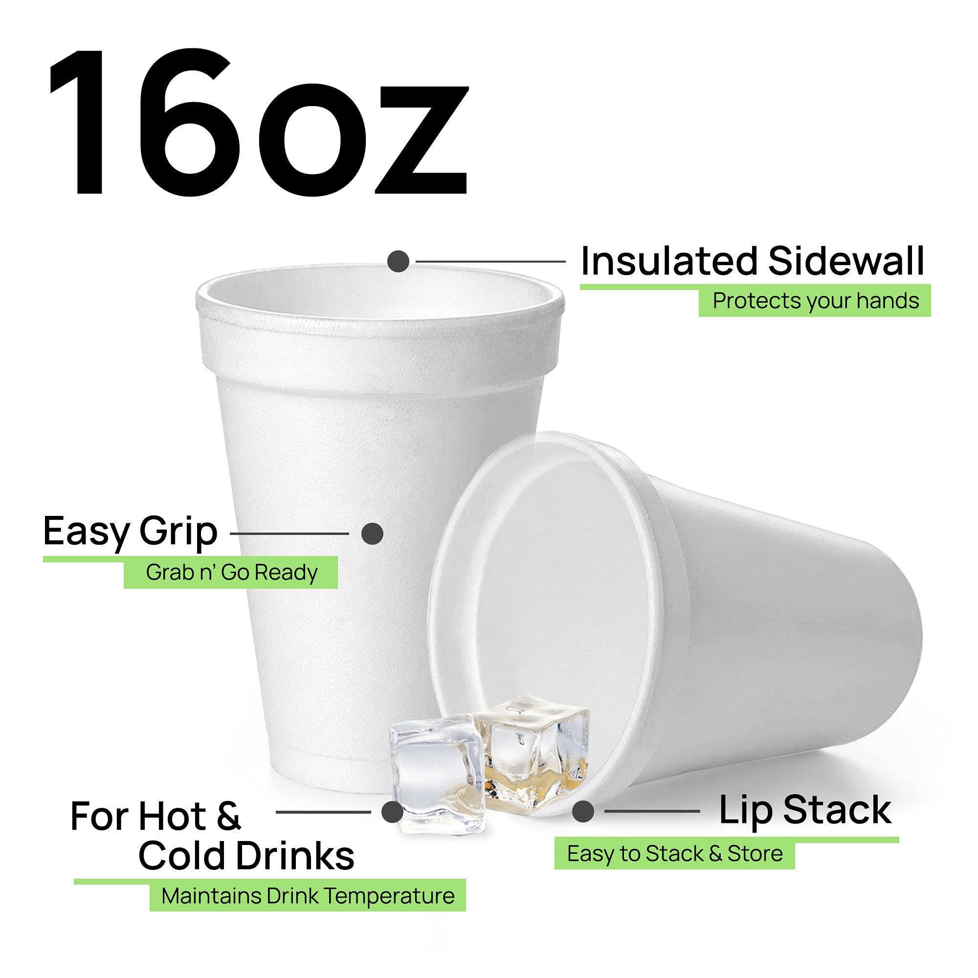 Shop Square 16 Oz Disposable Foam Cups (50 Pack), White Foam Cup Insulates Hot & Cold Beverages, Made in the USA, To-Go Cups - for Coffee, Tea, Hot Cocoa, Soup, Broth, Smoothie, Soda, Juice