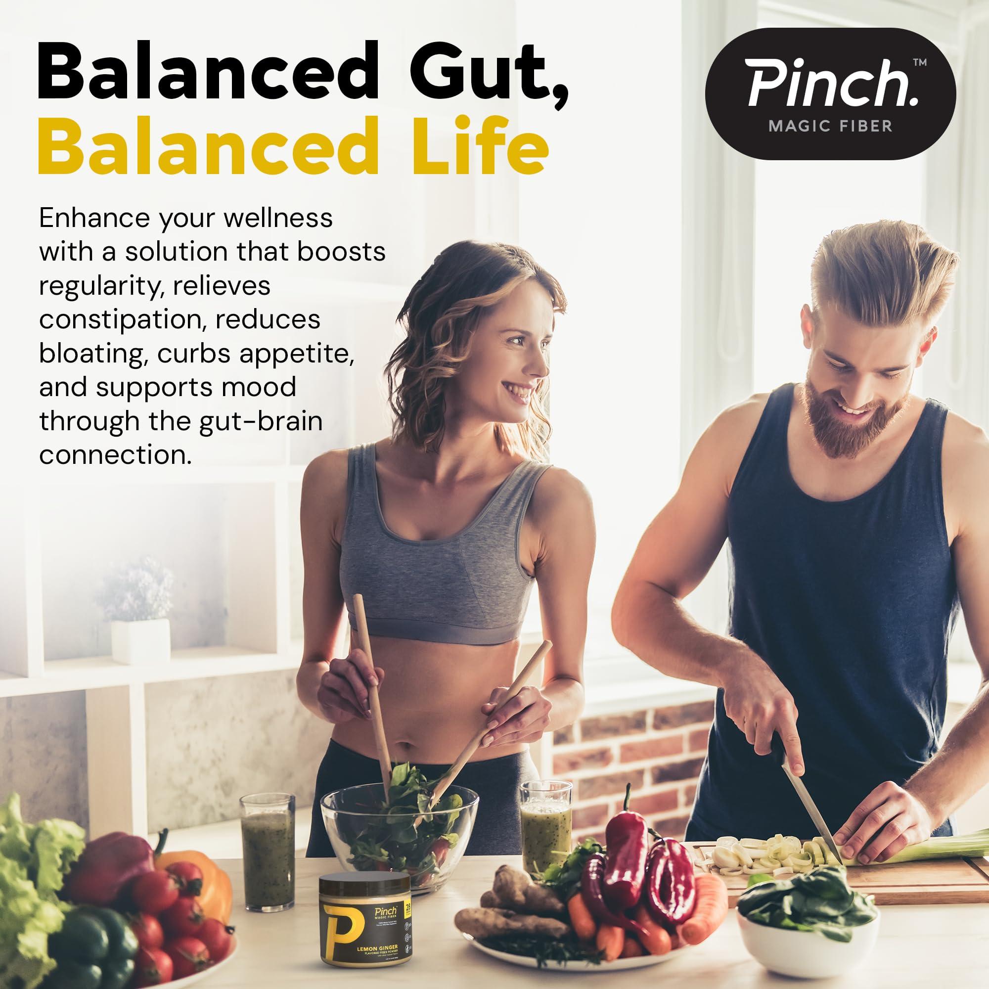 Pinch Pinch Magic Fiber Supplement Powder | Lemon Ginger Flavored Psyllium Husk Powder for Digestive Health & Gut Support | Low Sugar Supplement for Keto & Vegan Diets | USA-Made | 28-Day Supply