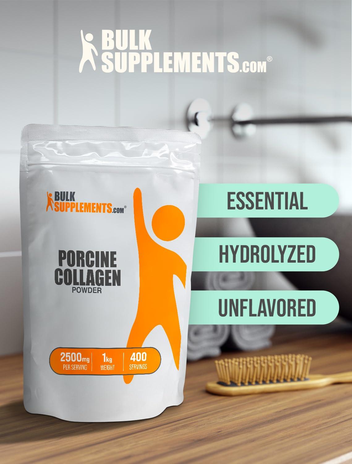 BULKSUPPLEMENTS.COM BulkSupplements.com Porcine Collagen Powder - Hydrolyzed Collagen Powder, Collagen Supplement, Collagen Protein Powder - Gluten Free, 2500mg per Serving, 1kg (2.2 lbs) (Pack of 1)