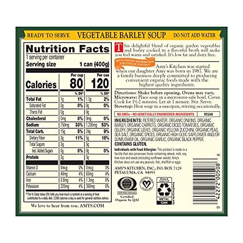 Amy's Amys Soup, Vegan Vegetable Barley Soup, Low Fat, Made With Organic Tomatoes, Carrots and Celery, Canned Soup, 14.1 Oz