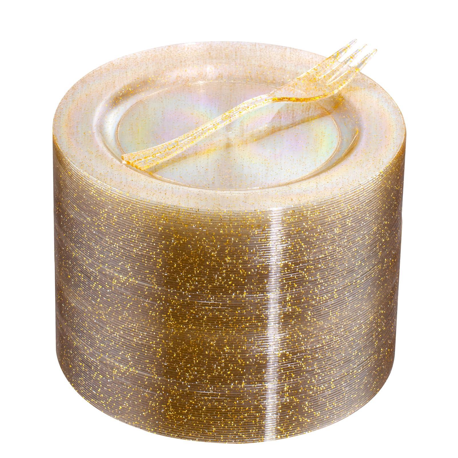 WELLIFE WELLIFE 60PCS Gold Glitter Dessert Plates and 60PCS Plastic Forks, 6.5 inch Disposable Dessert Plates for 60 Guests, Durable Gold Glitter Cake Plates, Perfect for Party