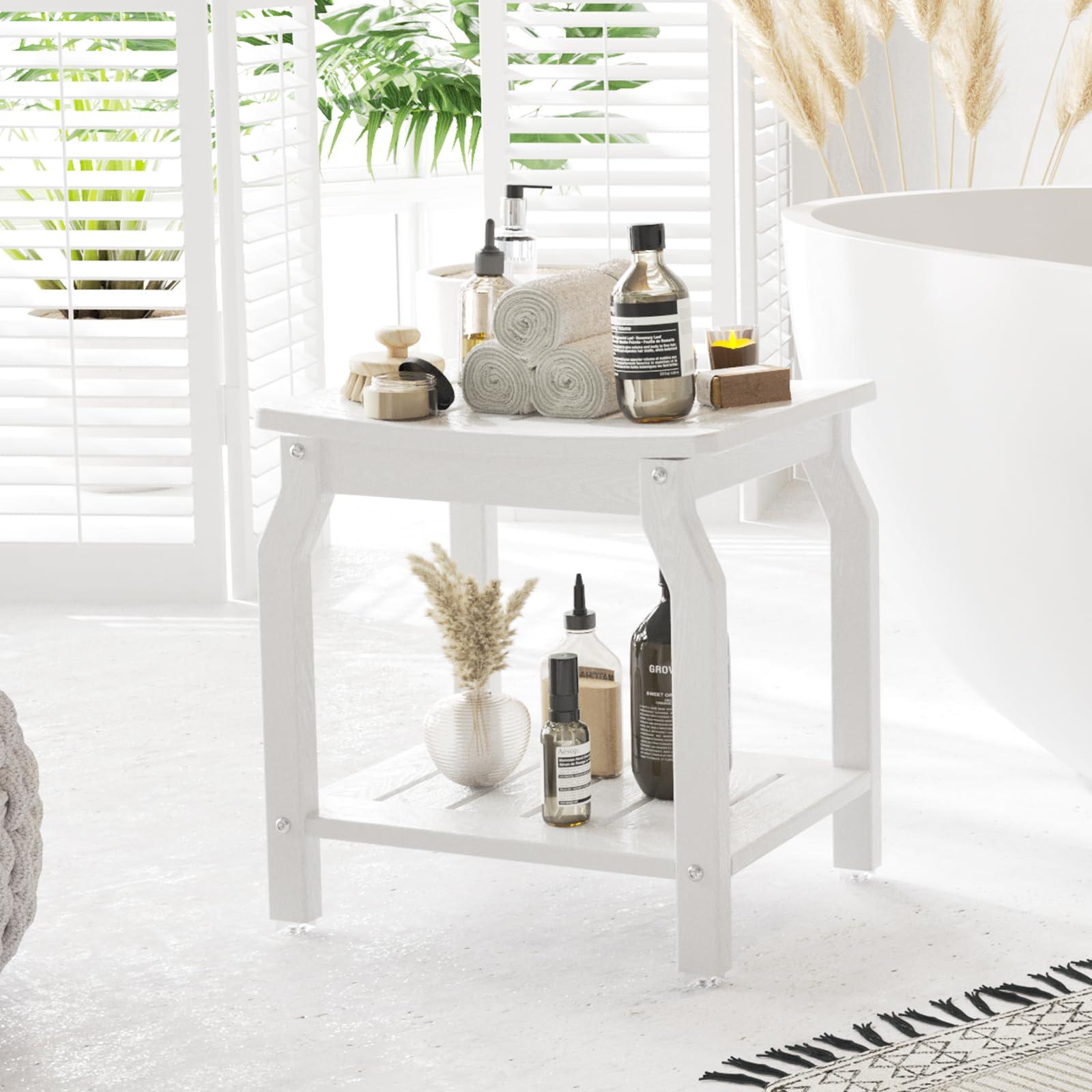 LOENIY LOENIY 2-Tier HDPE Shower Bench with Non-Slip Foot Pads, Wood-Like Spa Shower Stool for Inside Shower, Ergonomic Water-Proof Bathroom Bench Seat with Storage Shelf, for Seniors & Adults (White)