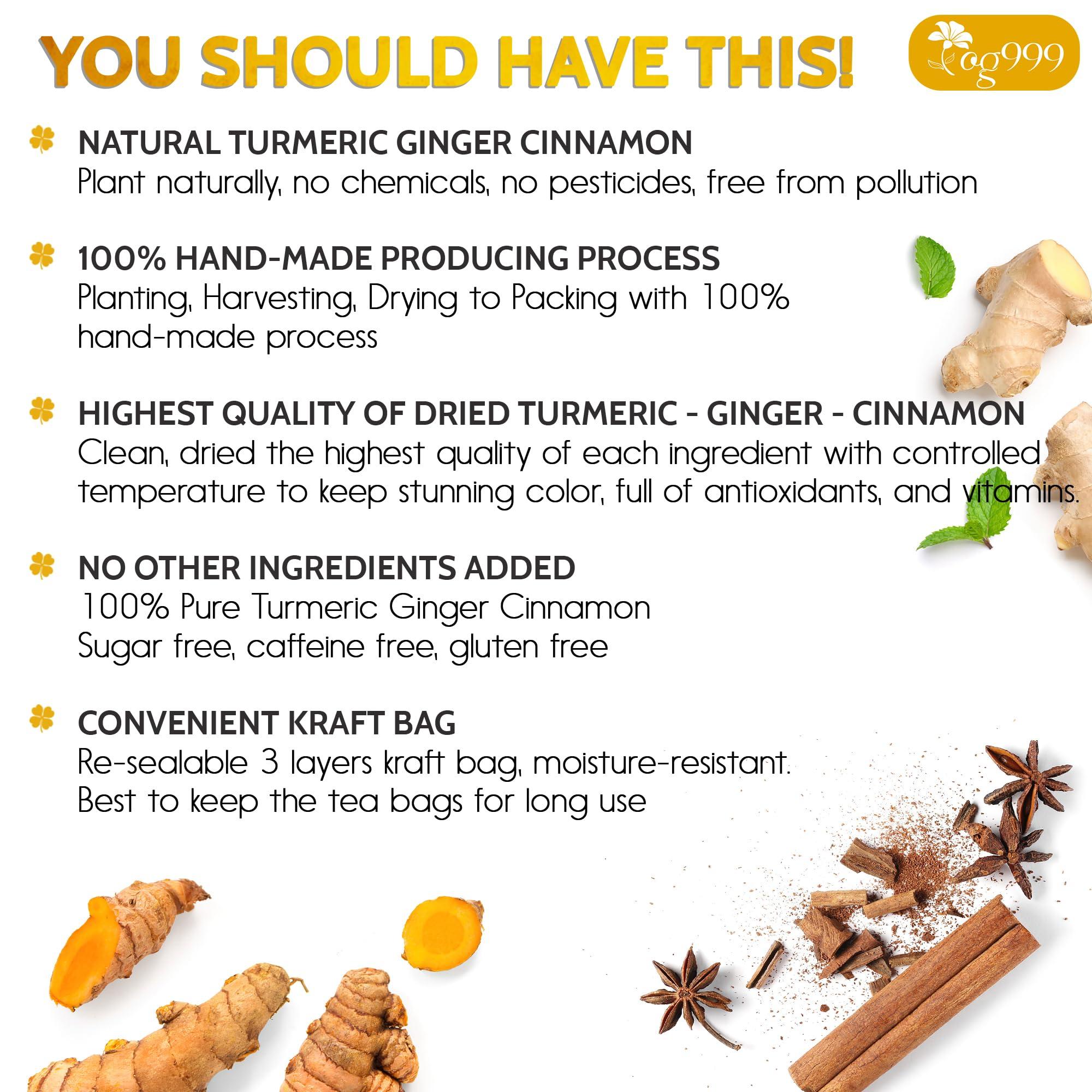 TOG999 Special 30 Tea Bags Turmeric Ginger Cinnamon Tea, 100% Natural, Hand-made Blend of Turmeric, Ginger, and Cinnamon. Eco-conscious Tea Bags. Turmeric Ginger Herbal Tea. No Sugar, No Caffeine, No Gluten, Vegan.