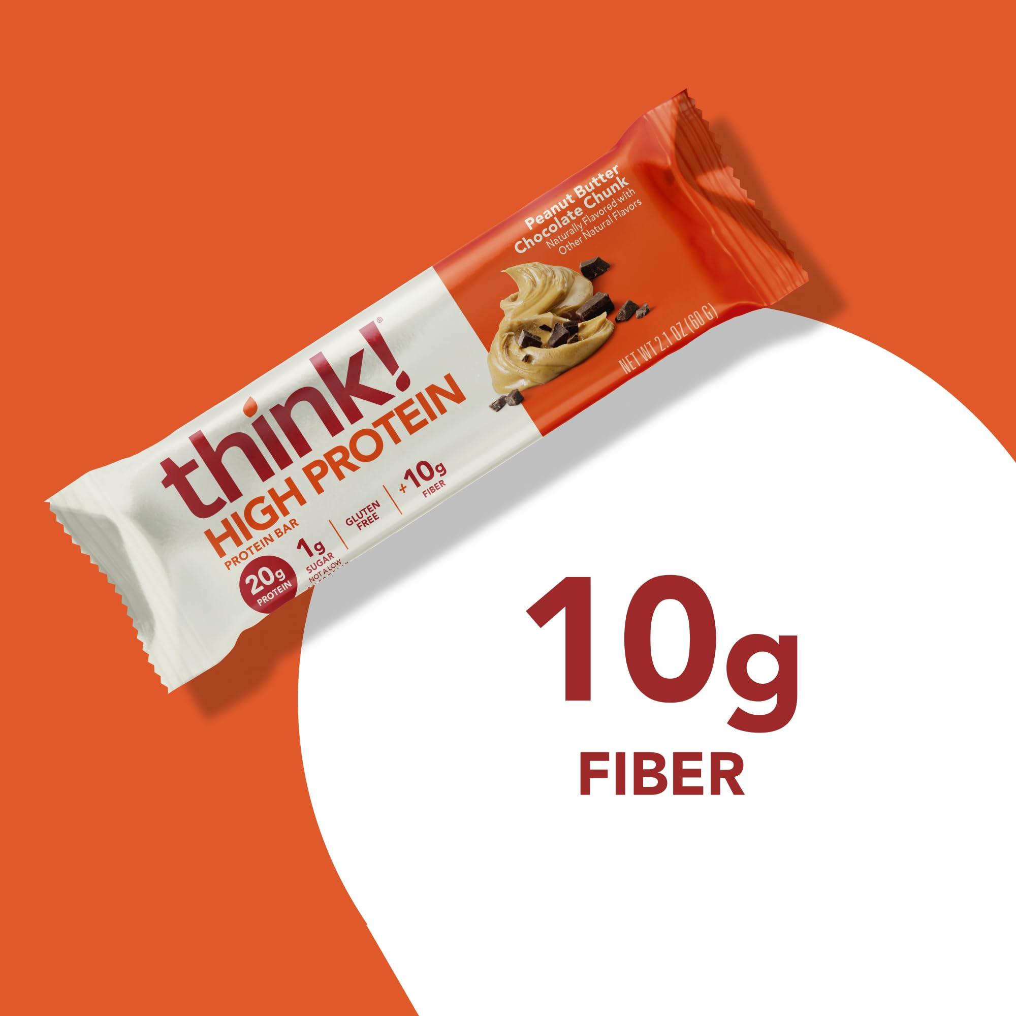 think! think! Protein Bars, High Protein Snacks, Gluten Free, High Fiber, Peanut Butter Chocolate Chunk, 10 Count