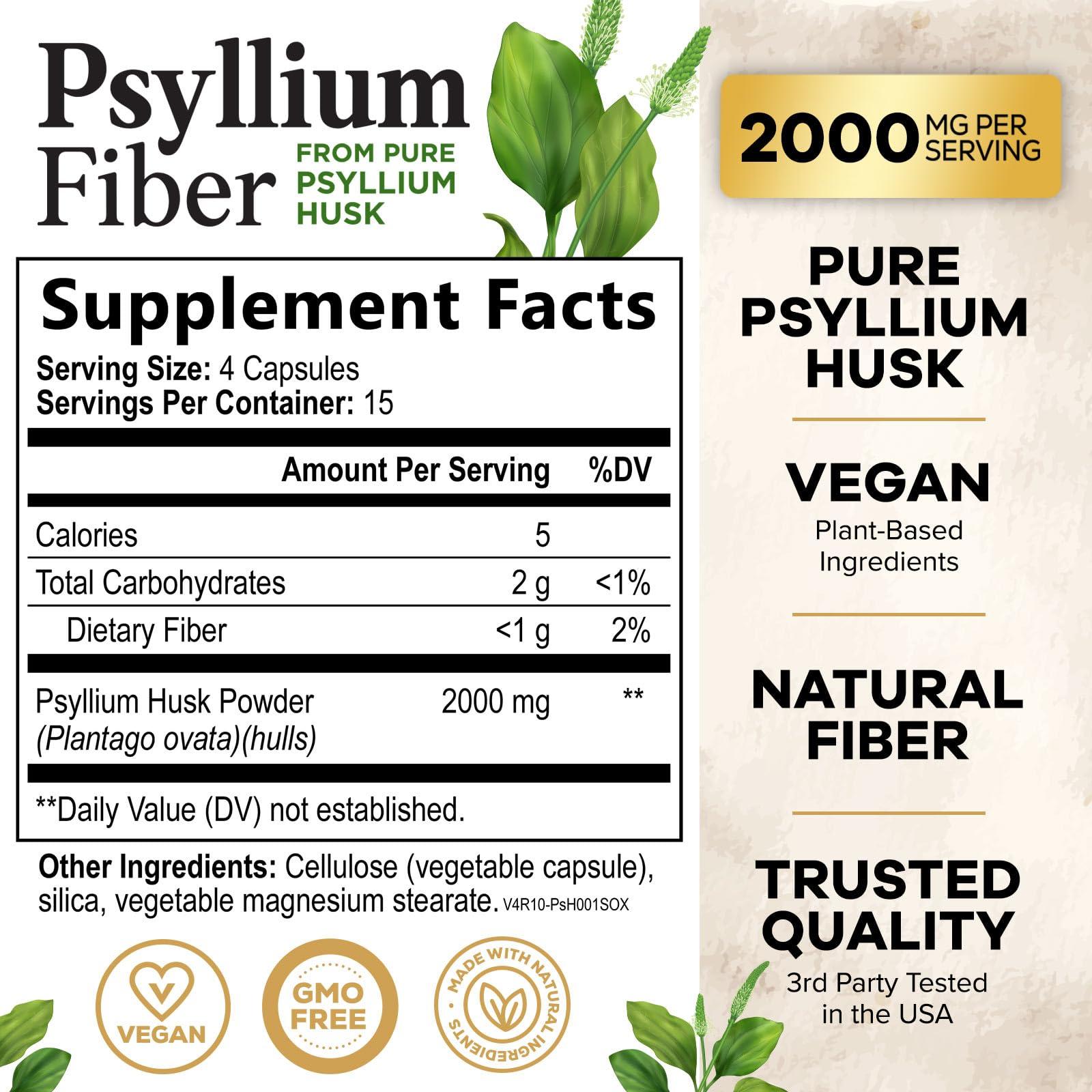 Nature's Nutrition Psyllium Husk Capsules 1500mg, Natural Daily Soluble & Insoluble Fiber, Psyllium Husk Powder Fiber Caps Supports Digestion Colon Health & Regularity, Non-GMO Gluten Free Supplement - 60 Veg Capsules