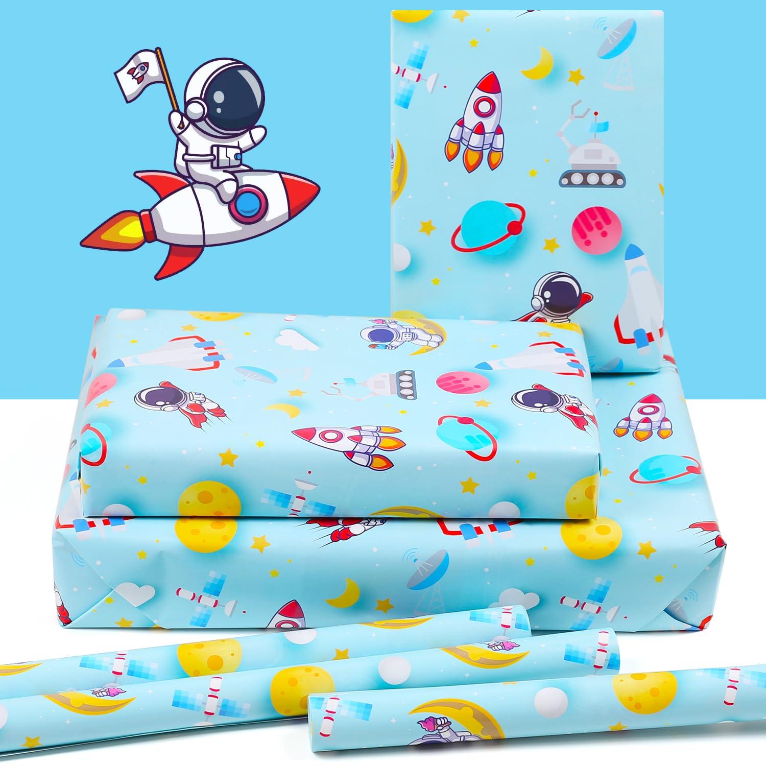 NEPOG Outer Space Wrapping Paper for Boys Girls Kids, Astronauts Rockets Moon Planets Pattern Space Galaxy Wrapping Paper 6 Sheets Folded Flat 20x28 inches per Sheet for Space Theme Birthday Baby Shower