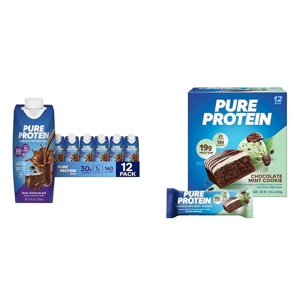 Pure Protein Pure Protein Chocolate Protein Shake, 30g Protein, 12 Pack and Pure Protein Chocolate Mint Cookie Protein Bars, 19g Protein, 12 Count