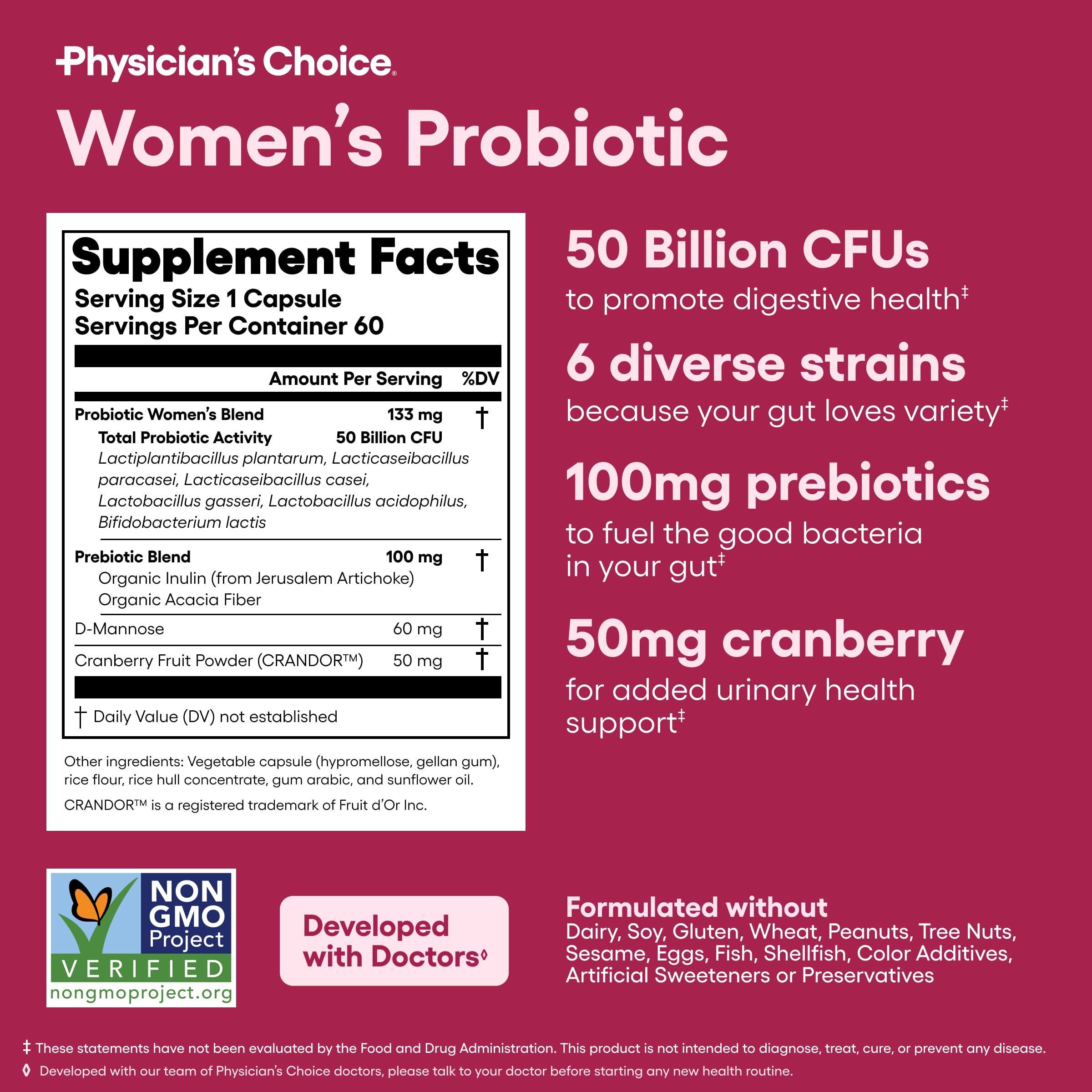 Physician's CHOICE Physician\'s Choice Probiotics - PH Balance, Digestive, UT, & Feminine Health - 50 Billion CFU - 6 Unique Strains for Women - Organic Prebiotics, Cranberry Extract+ - Probiotic - 60 CT