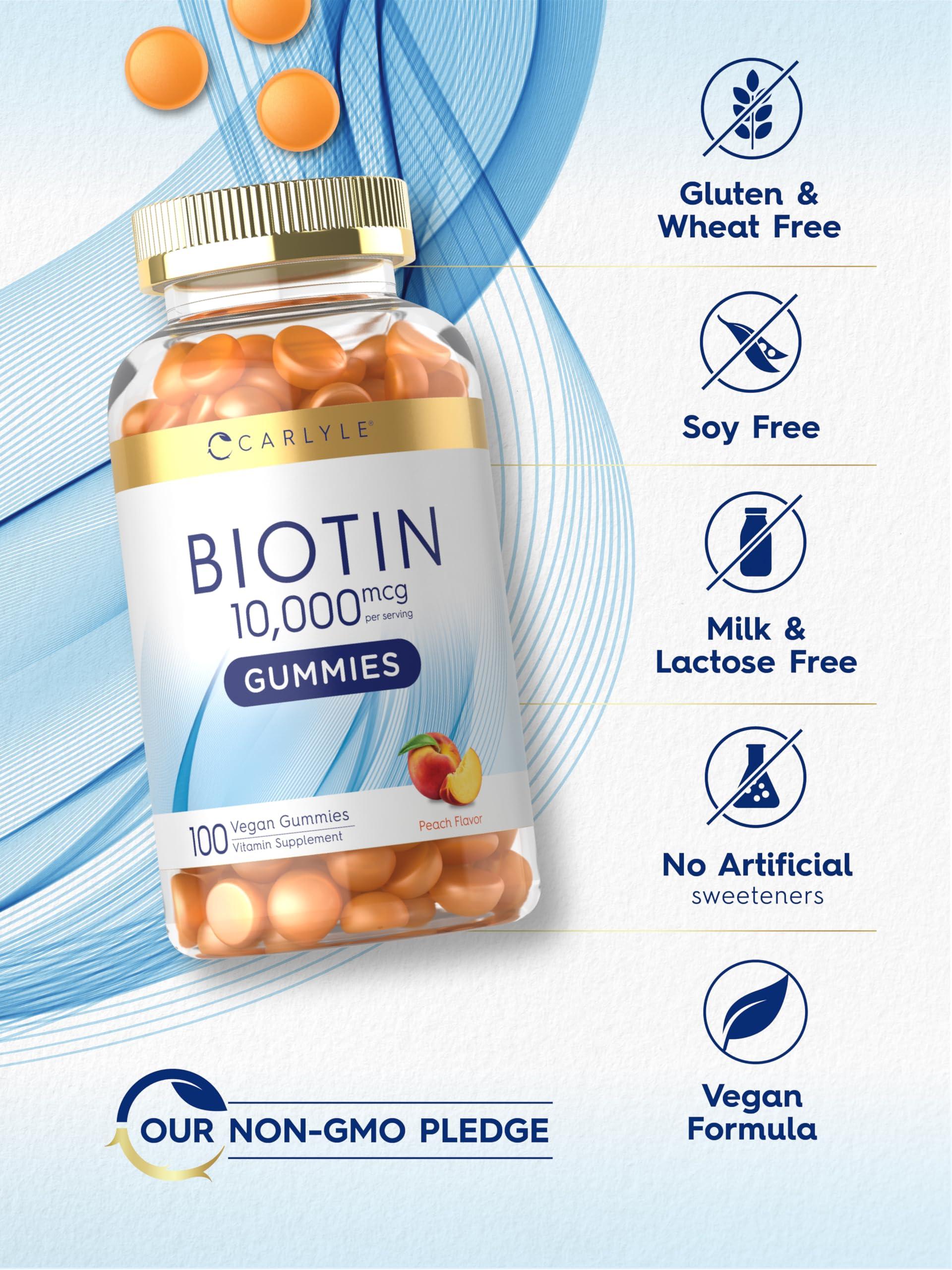 Carlyle Carlyle Biotin 10000mcg Gummies | 100 Count | Peach Flavor Supplement | Vegan, Non-GMO, Gluten Free