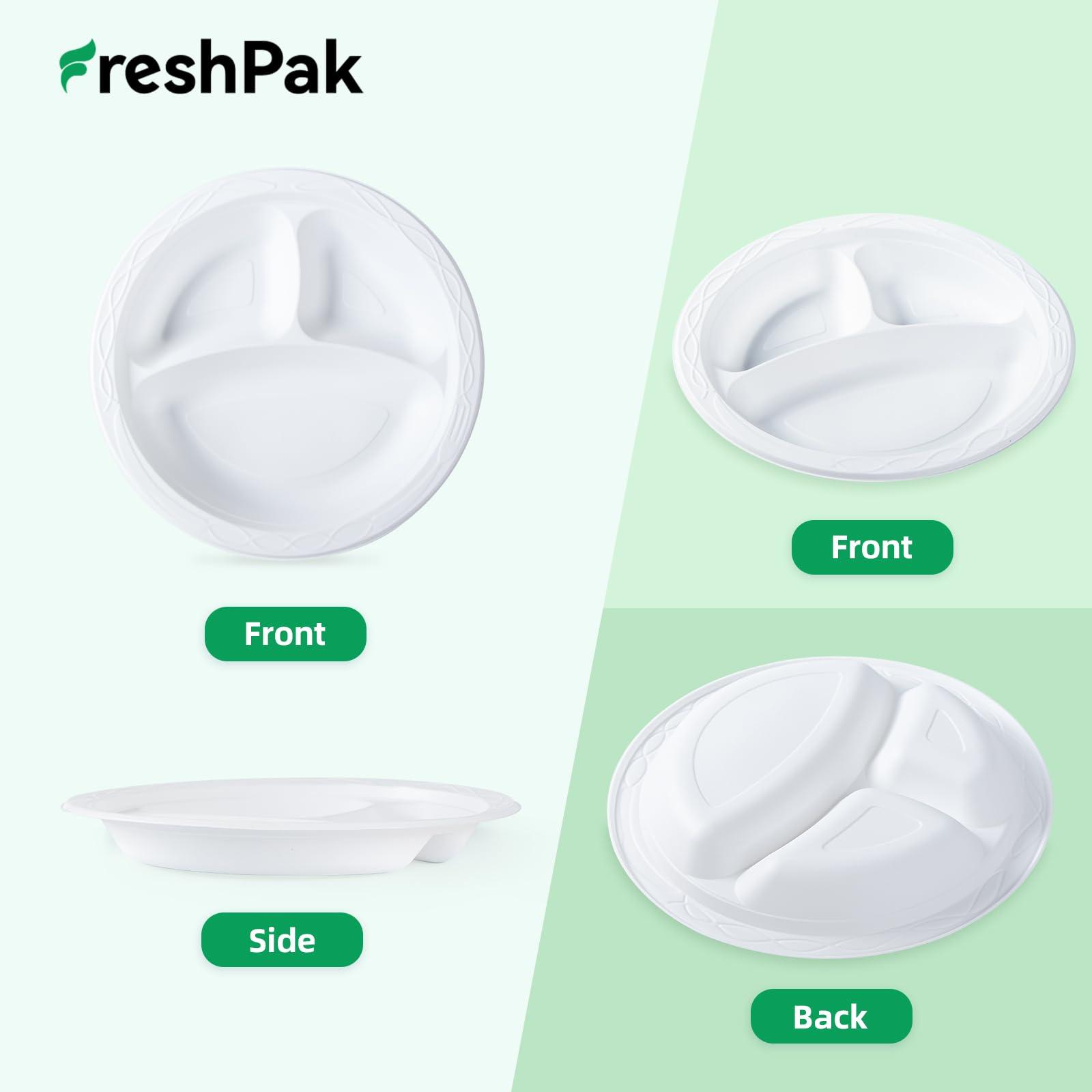 FRESHPAK FRESHPAK White Plastic Plates, Reusable 9 Inch 3 Compartment Dinner Plates Heavy Duty Microwave Safe Plates Convenience Elegance MFPP Party Plates