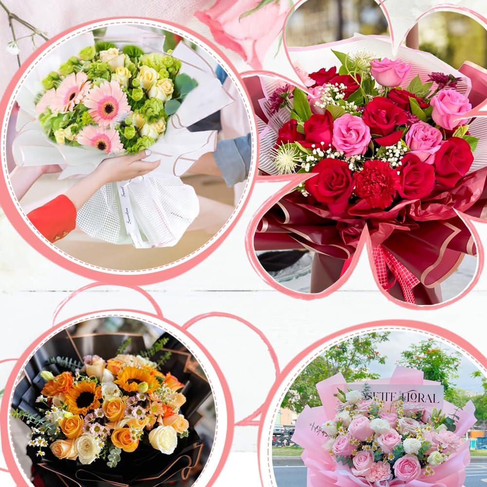 Aksipo 20 Sheets Rose Pink Flower Wrapping Paper, Waterproof Florist Bouquet Packaging Paper with Satin Ribbon,3D Butterflies,Flower Pins, Gold Edge Floral Wrap Paper for Father\'s Day DIY Wedding Flower Craft