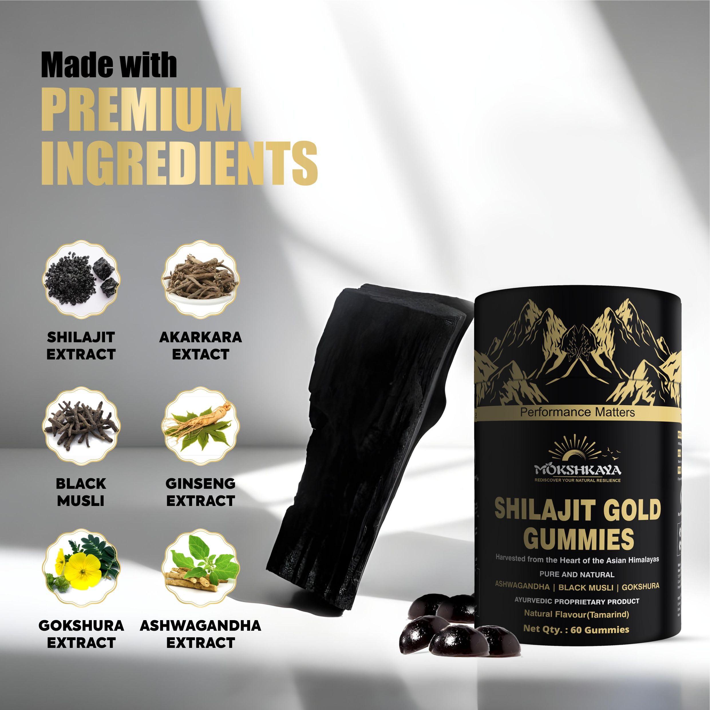 MOKSHKAYA MOKSHKAYA Pure Himalayan Shilajit Gold Gummies I Lab Tested I No Added Sugar I Ashwagandha, Gokshura| Fulvic Acid & 85+ Trace Minerals I for Men, Women I 100% Natural I Tamarind Flavour I 60 Gummy