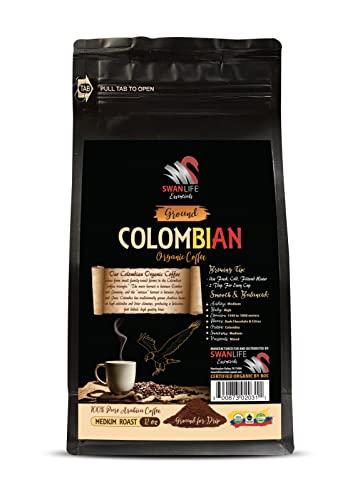 SWAN LIFE ESSENTIALS colombian coffee - COLOMBIAN GROUND COFFEE ORGANIC, medium roast, 100% pure arabica, acidity medium, fair trade - medium roast coffee ground, 1 Bag (12 Oz)