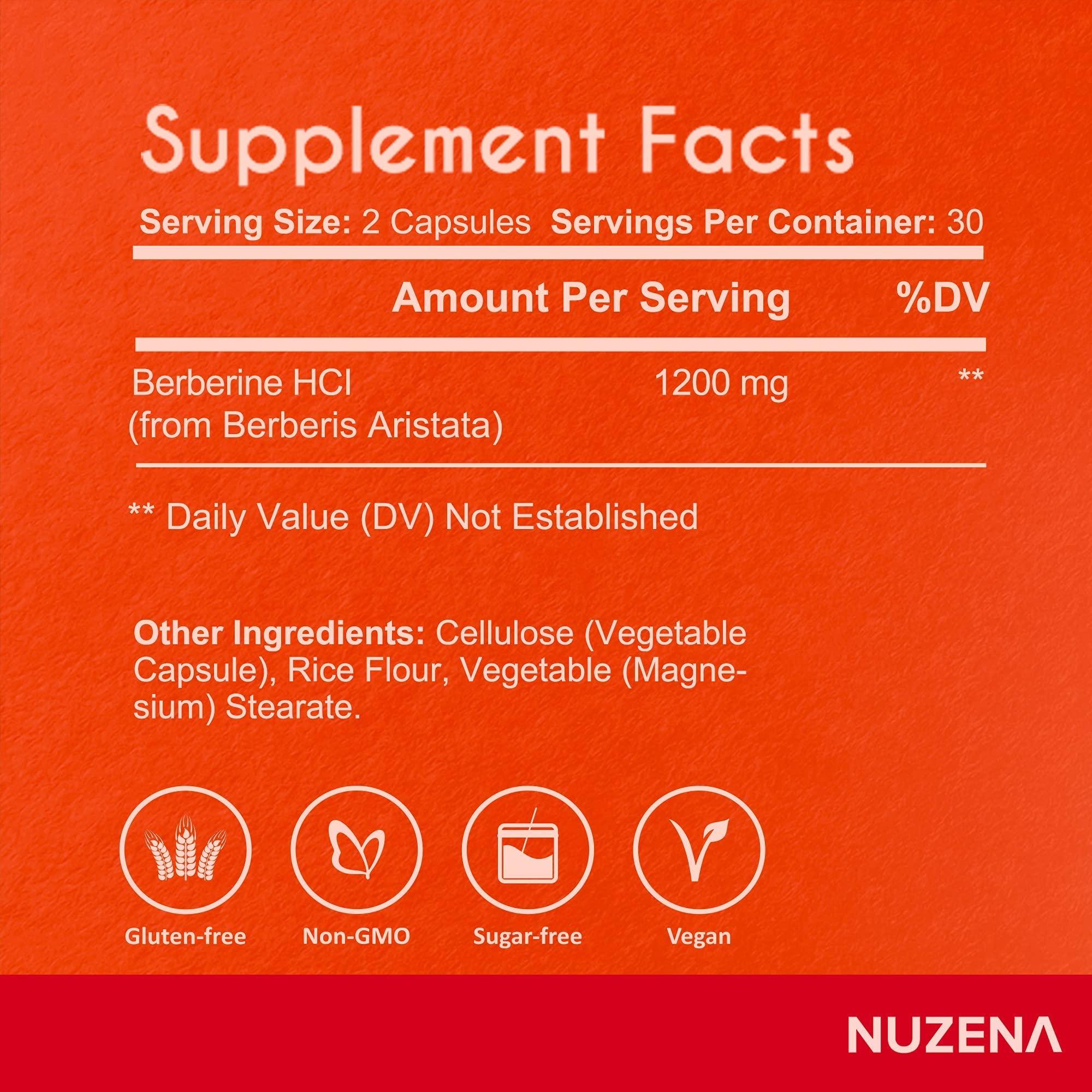 Nuzena Nuzena Berberine Pure +, 1200 mg of Organic Berberine HCL per Serving, Pack of 60 Berberine Supplement Capsules for Immune Support (30 Servings)