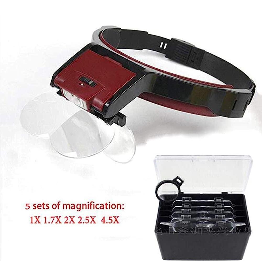 KNOXC KNOXC Magnifiers, Hands Free Headband Magnifier with Led Light,1X to 4.5X Zoom with 5 Detachable Lenses-Head Mounted Head Magnifying Glasses with Light for Reading,Jewelry