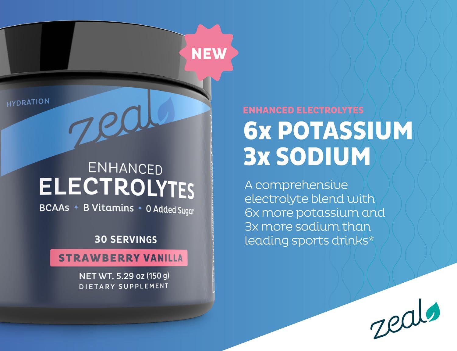 Zeal Naturals Zeal Electrolyte Powder Recovery Drink (30 Servings | Strawberry Vanilla) w 0 Sugar +BCAAs +B-Vitamins Electrolyte Supplement w Potassium Zinc & Magnesium for Hydration - Keto Electrolytes