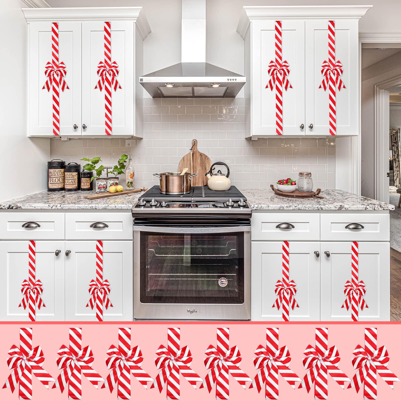 WILLBOND WILLBOND 8 Pieces Christmas Cabinet Ribbons Bows Large Christmas Door Ribbon Cabinet Bows for Christmas Party Supplies(Red and White,Stripe)