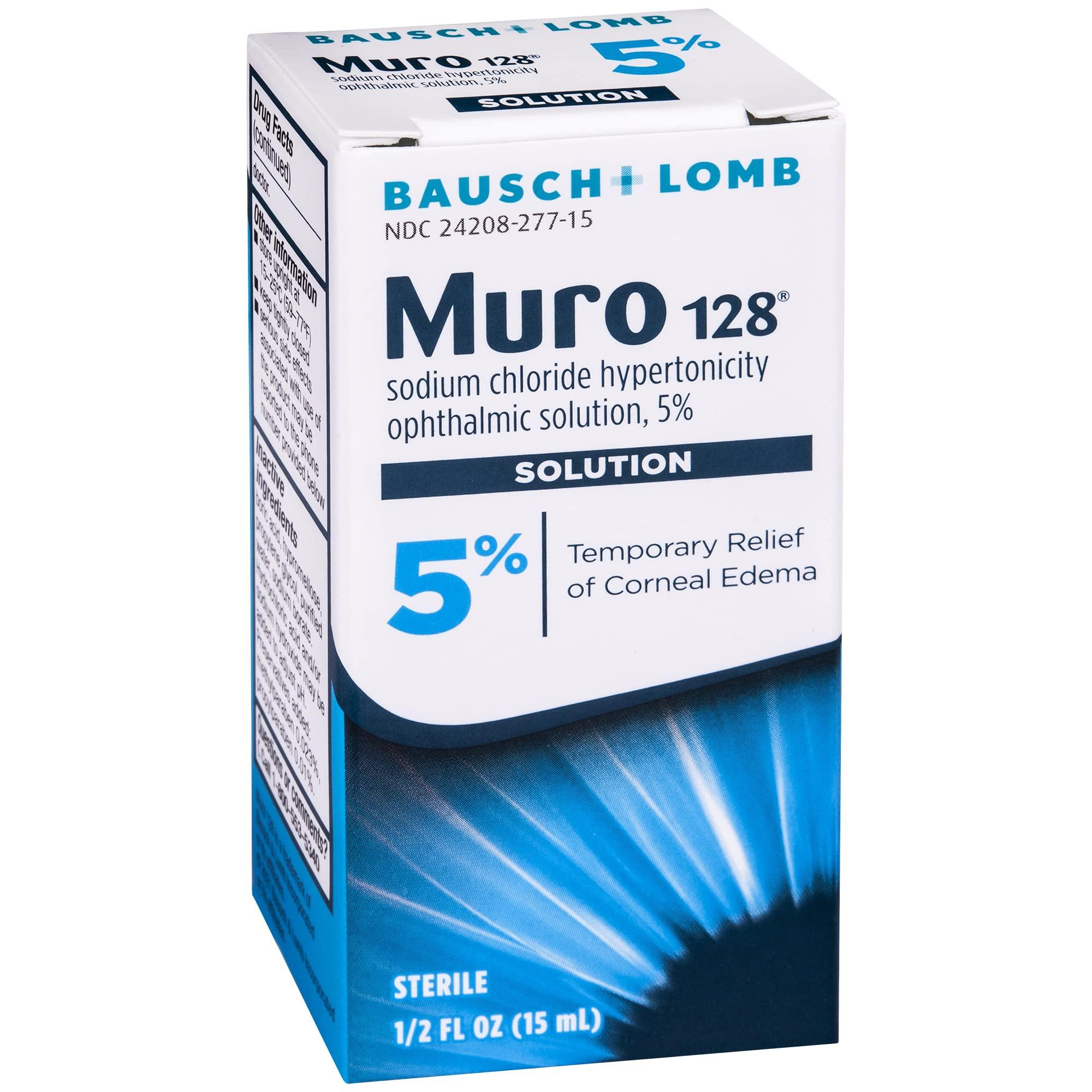 MUR0 Muro 128 Solution  Sodium Chloride Hypertonicity Ophthalmic Solution 5%, Temporary Relief of Corneal Edema, 0.5 fl oz (15 mL) (Pack of 2)