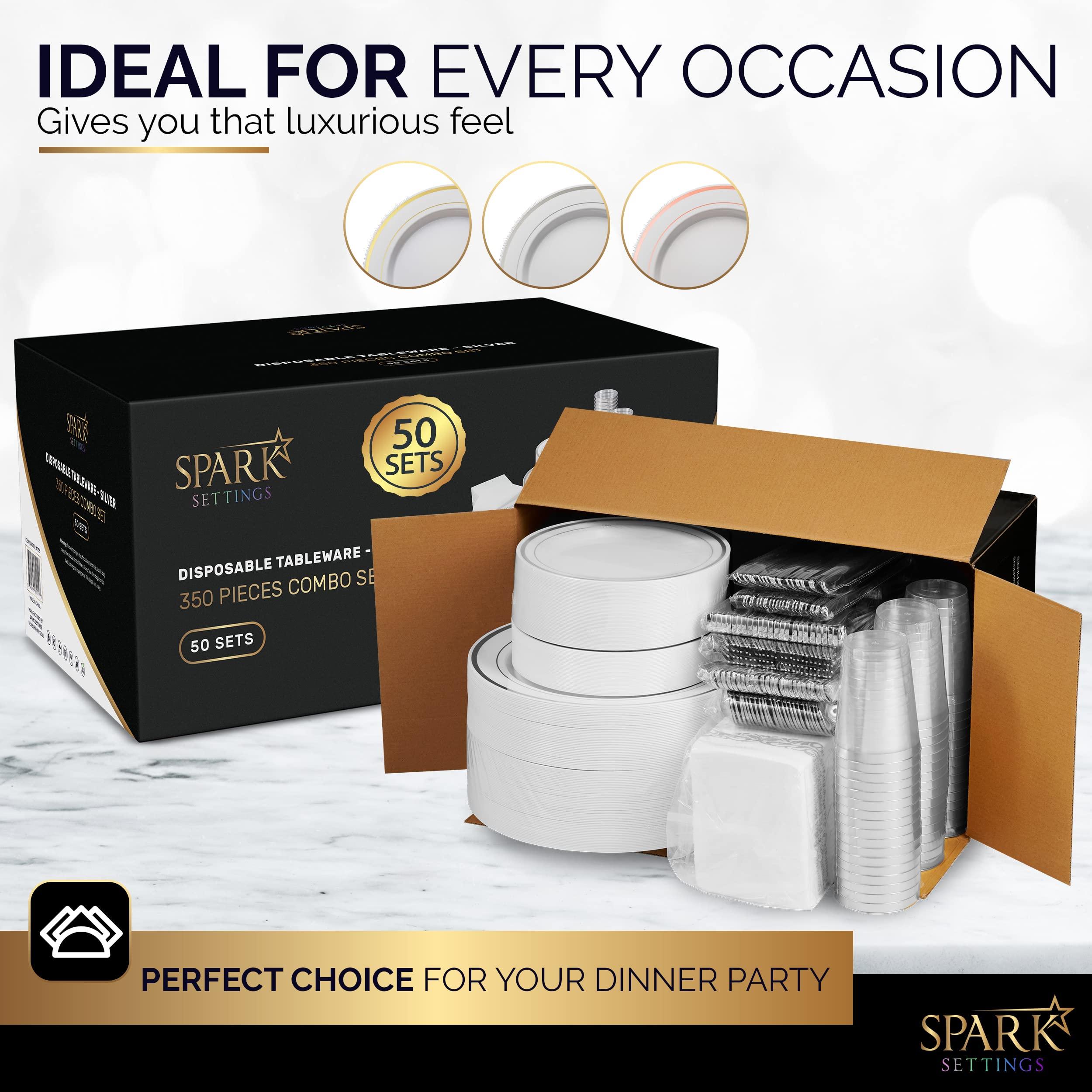 SparkSettings Silver Plastic Plates For Party - Silver Plastic Silverware - 350 PC Wedding Dinnerware Set For 50 Guests,100 Silver Plastic Party Plates, 50 Cups, 50 Silver Cutlery Sets & 50 Napkins-By SparkSettings