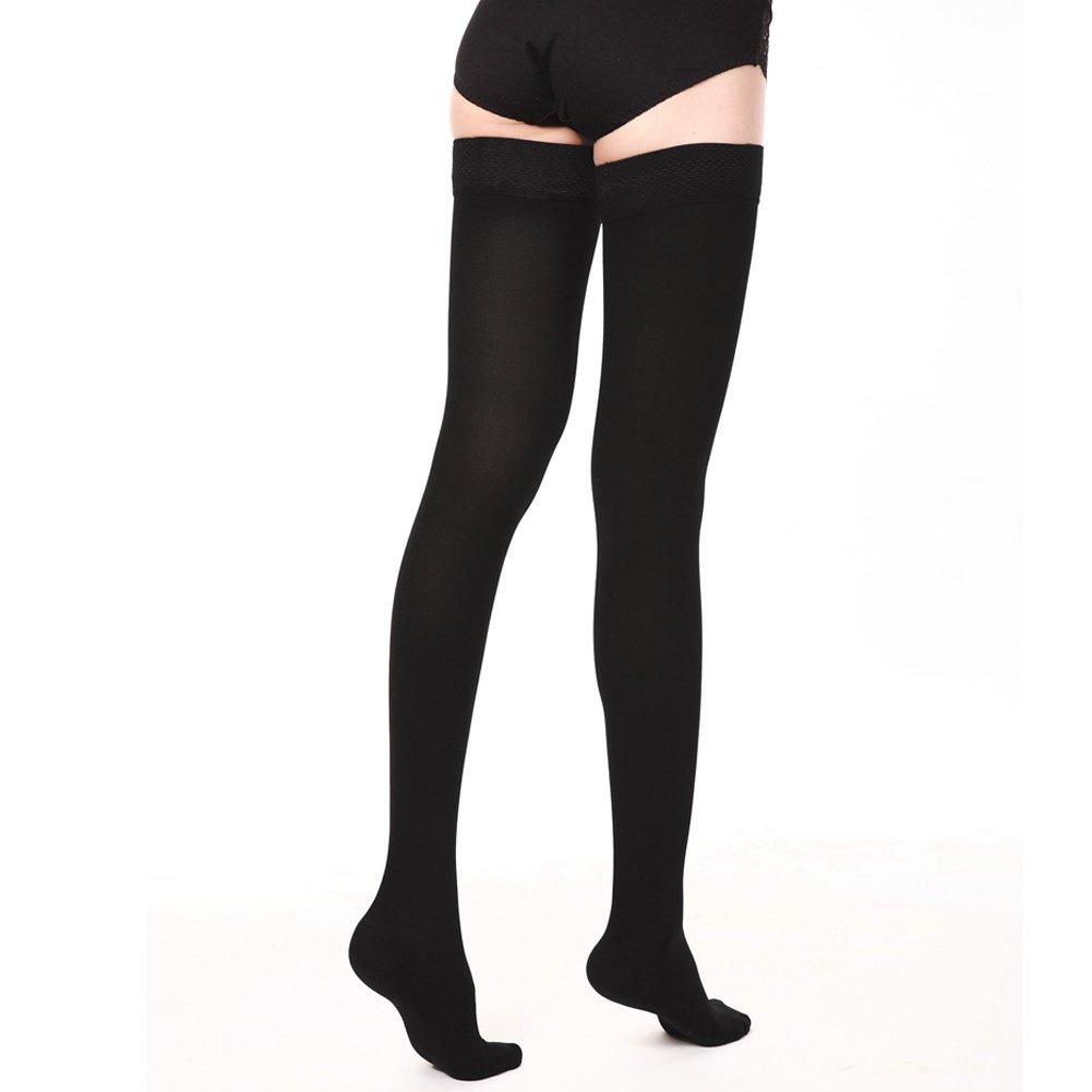 LTHAOO Compression Socks, Firm Support 20-30 mmHg Thigh High Compression Stockings with Silicone Dot Band. Treatment for Running, Varicose Veins Nursing.(Black-closed,M)