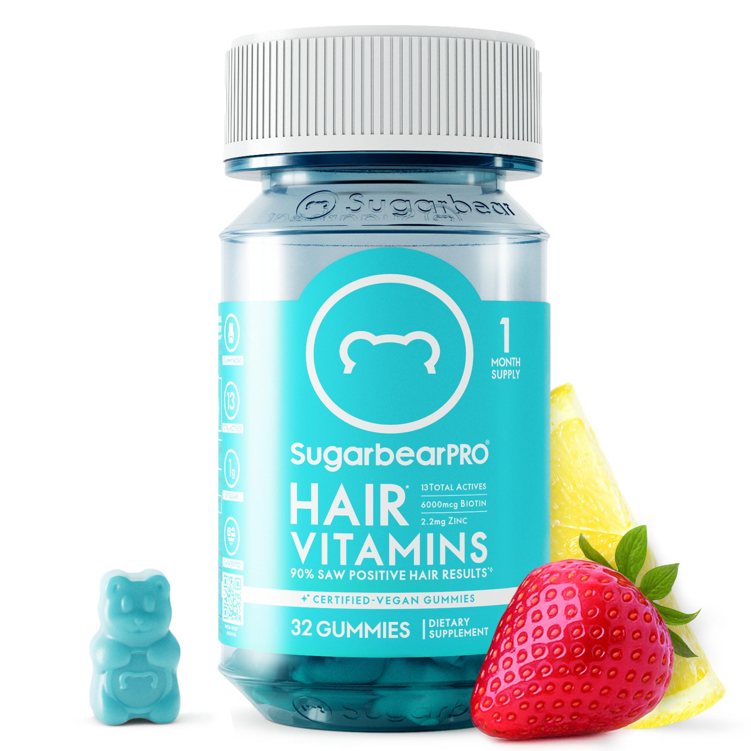 SugarbearPro Sugarbear Hair Vitamin Gummy 1 Month Supply Extra Strength Biotin 6000mcg, Growth for Men & Women, Vegan Vitamin B12, MSM, Inositol, Omega 3, Elderberry, Certified Kosher, Halal, Cruelty-Free