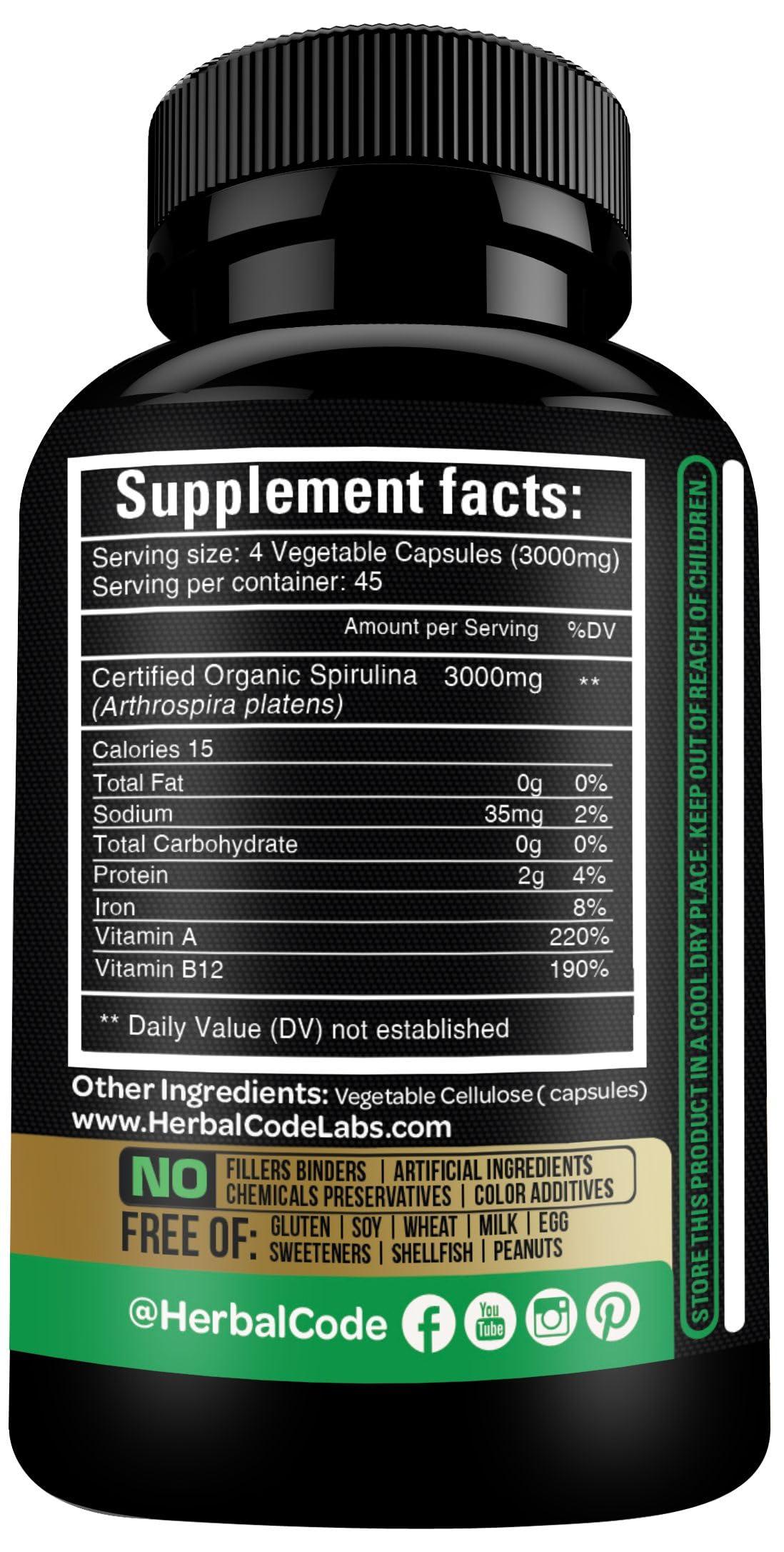 HCL HERBAL CODE LABS Organic Spirulina Powder Capsules 3000 mg - Purest Non-Irradiated Blue Green Algae - Best Raw Vegan Protein - Green Superfood - Natural Multivitamins – 180 Pills Made in The USA