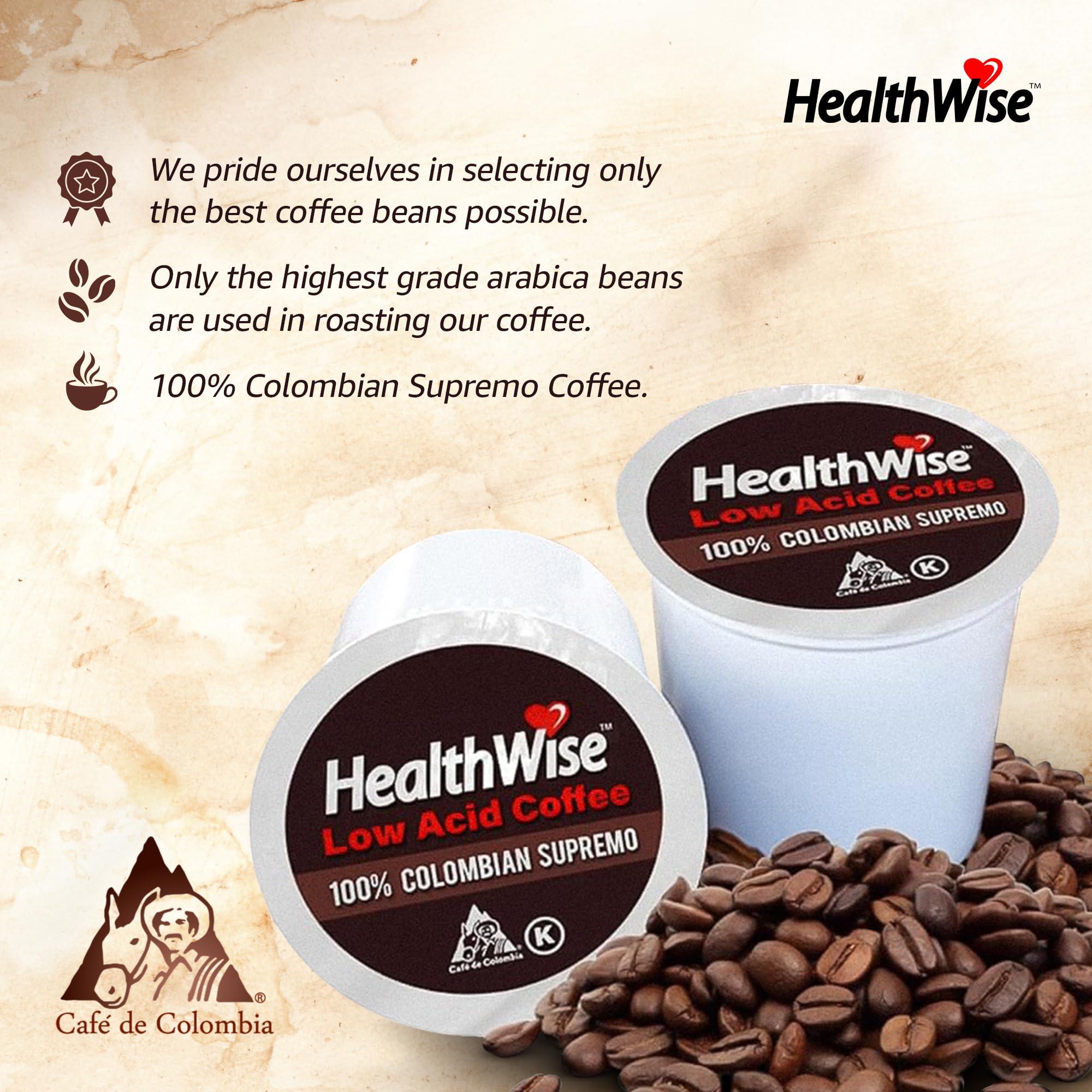 HealthWise Coffee Healthwise Low Acid 100% Colombian Coffee K-Cups Medium Roast, Healthier Coffee for Sensitive Stomach (Unflavored) 36 Count (Pack of 3)