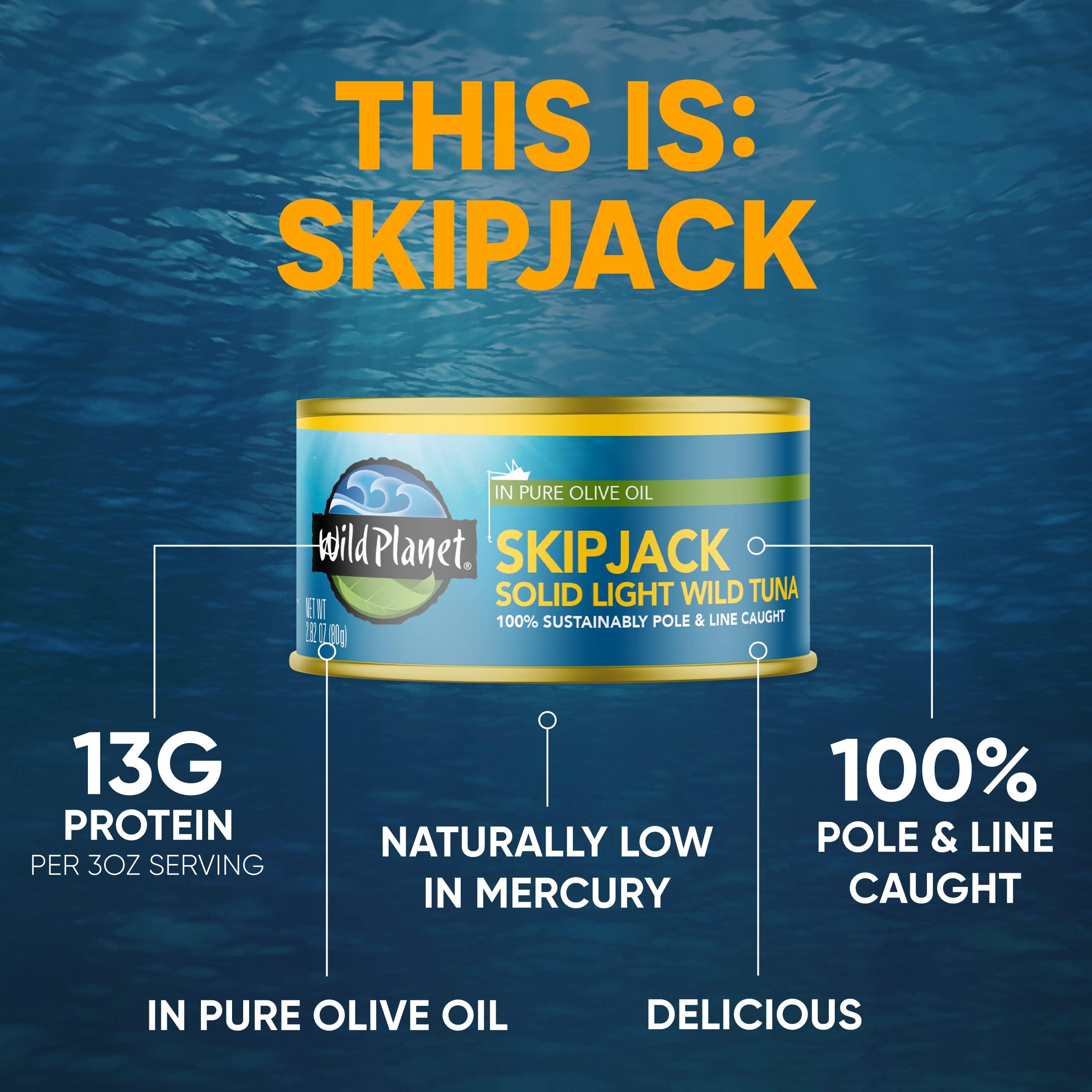 Wild Planet Wild Planet Skipjack Solid Light Wild Tuna In Pure Olive Oil, 2.82oz, Sustainably Wild-Caught, Pole & Line, Tinned Fish, Canned Tuna, 12Count