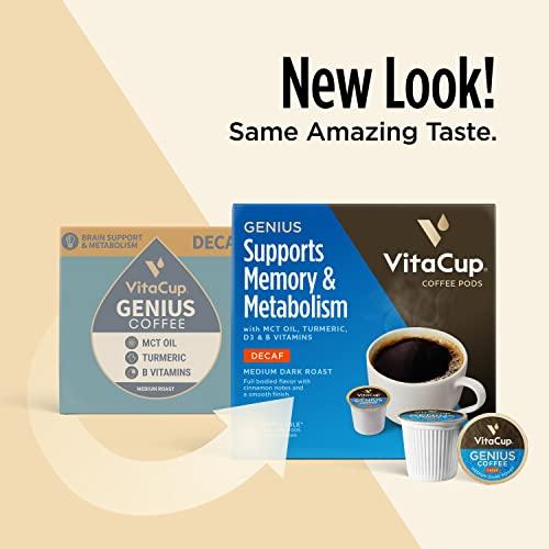 VitaCup Vitacup Decaf Genius Keto Coffee Pods with MCT Oil, Turmeric, and Vitamins B1, B5, B6, B9, B12, D3 for Focus in Recyclable Single Serve Pod Compatible with K-Cup Brewers Including Keurig 2.0, 64 CT