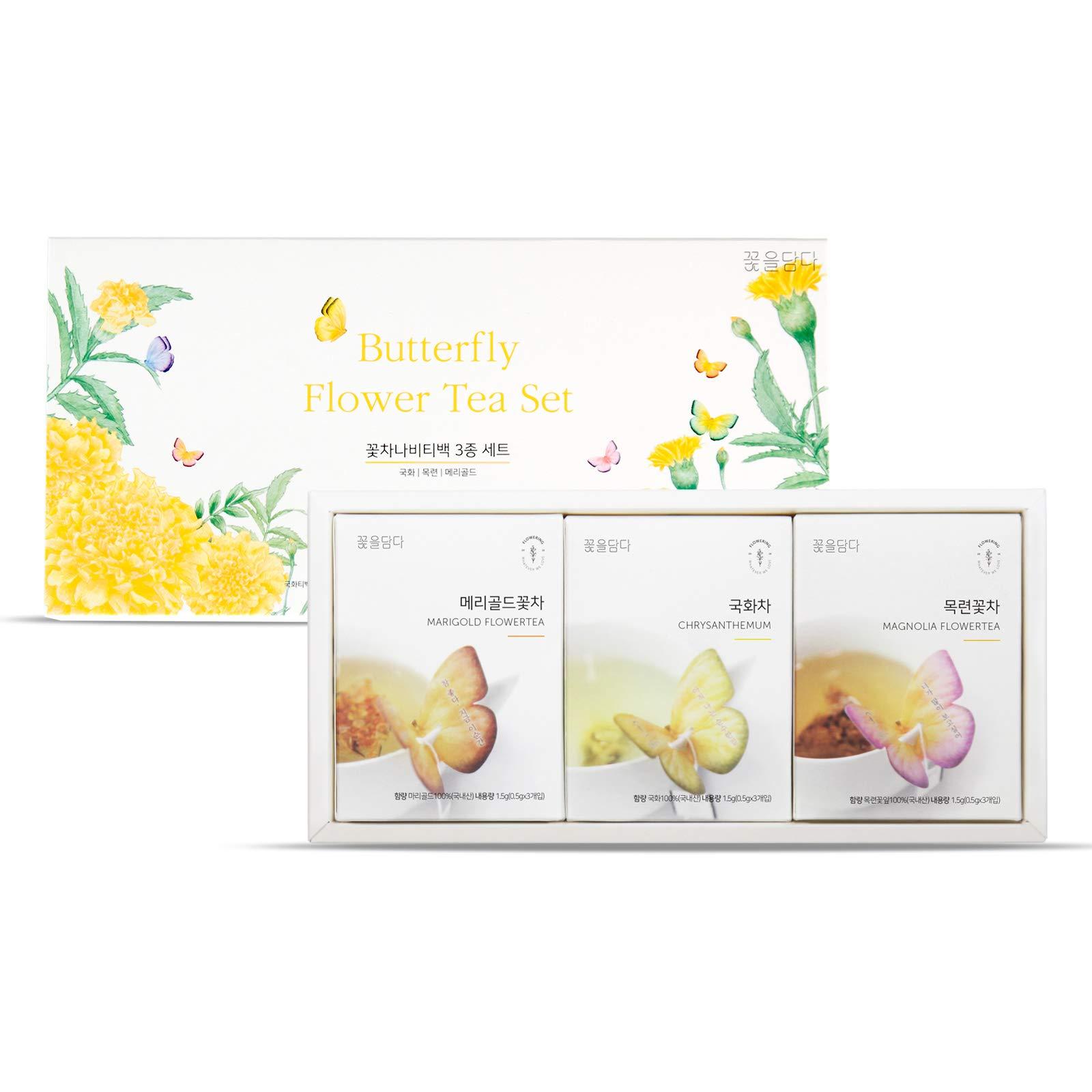 KKOKDAM KKOKDAM Korean Tea Gift Set 3 Flavor Yellow Tea Variety Pack with Butterfly Tea Bags Unique Fancy Tea Bag Sampler Elegant Korean Gift Box for Tea Lovers Perfect Tea Gifts