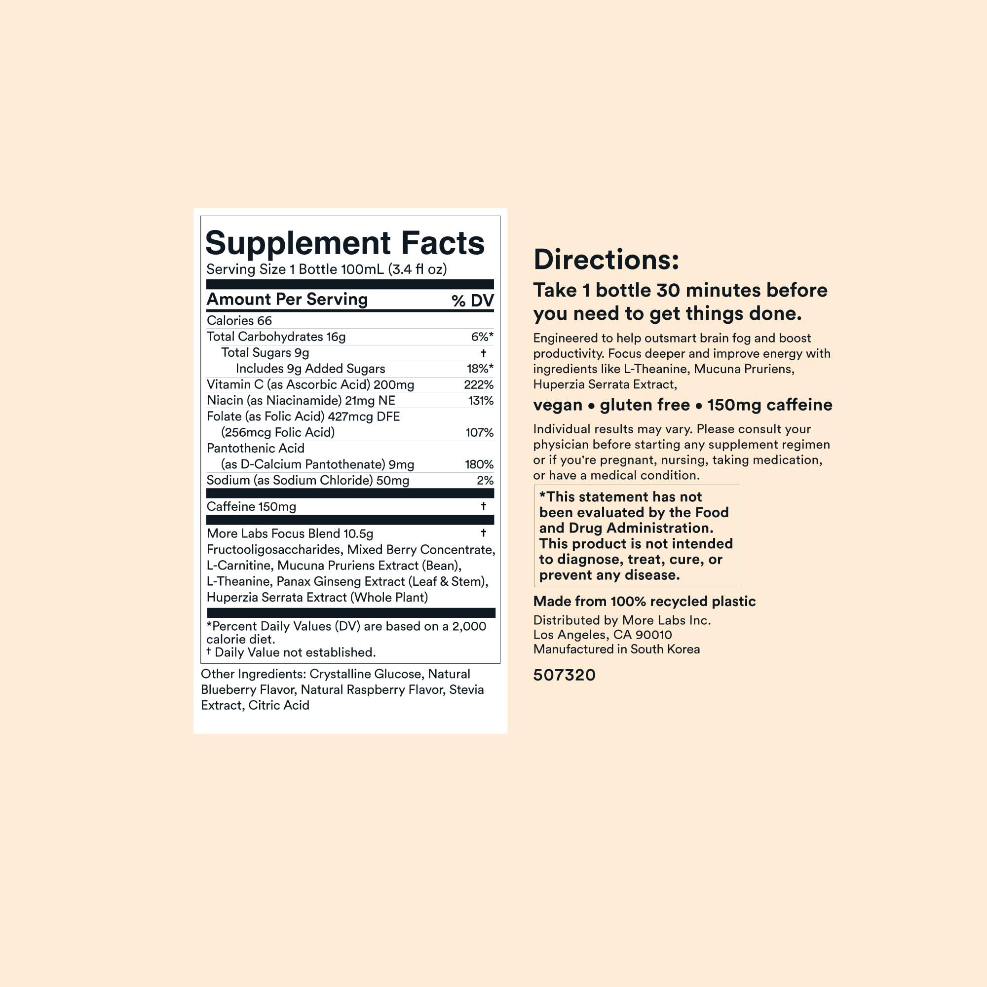 More Labs More Labs Liquid Focus, Nootropic Smart Drink with Powerful Antioxidants & Adaptogenic Herbs for Energy and Concentration, 150mg Caffeine (Pack of 12)
