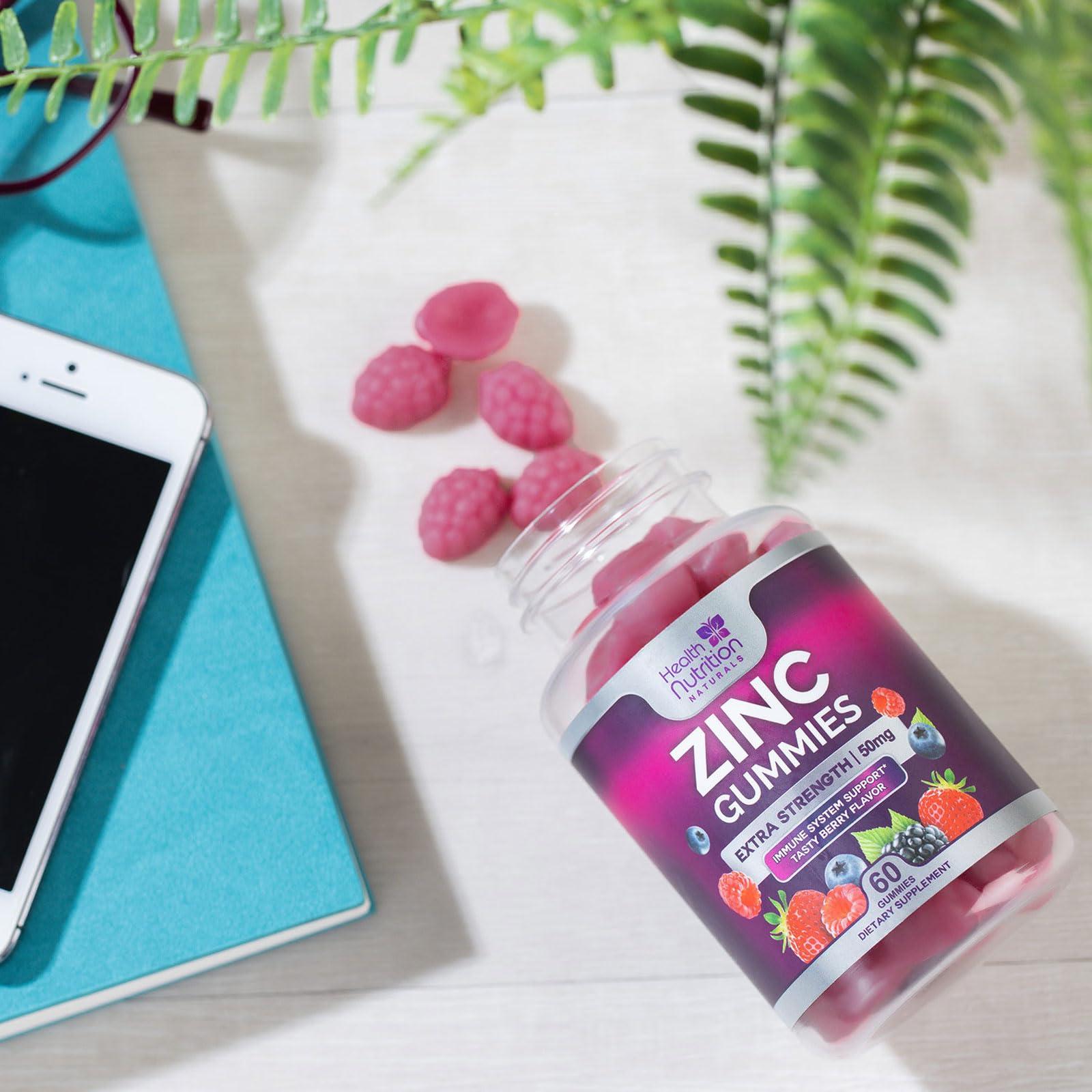 Health Nutrition Naturals Zinc Supplement Gummies 50mg, Max Strength Bone, Skin & Immune Support Zinc Supplements for Women & Men, Vegan, Non-GMO & Gluten Free, Immune Health Support, Antioxidant Zinc Vitamins - 60 Gummies