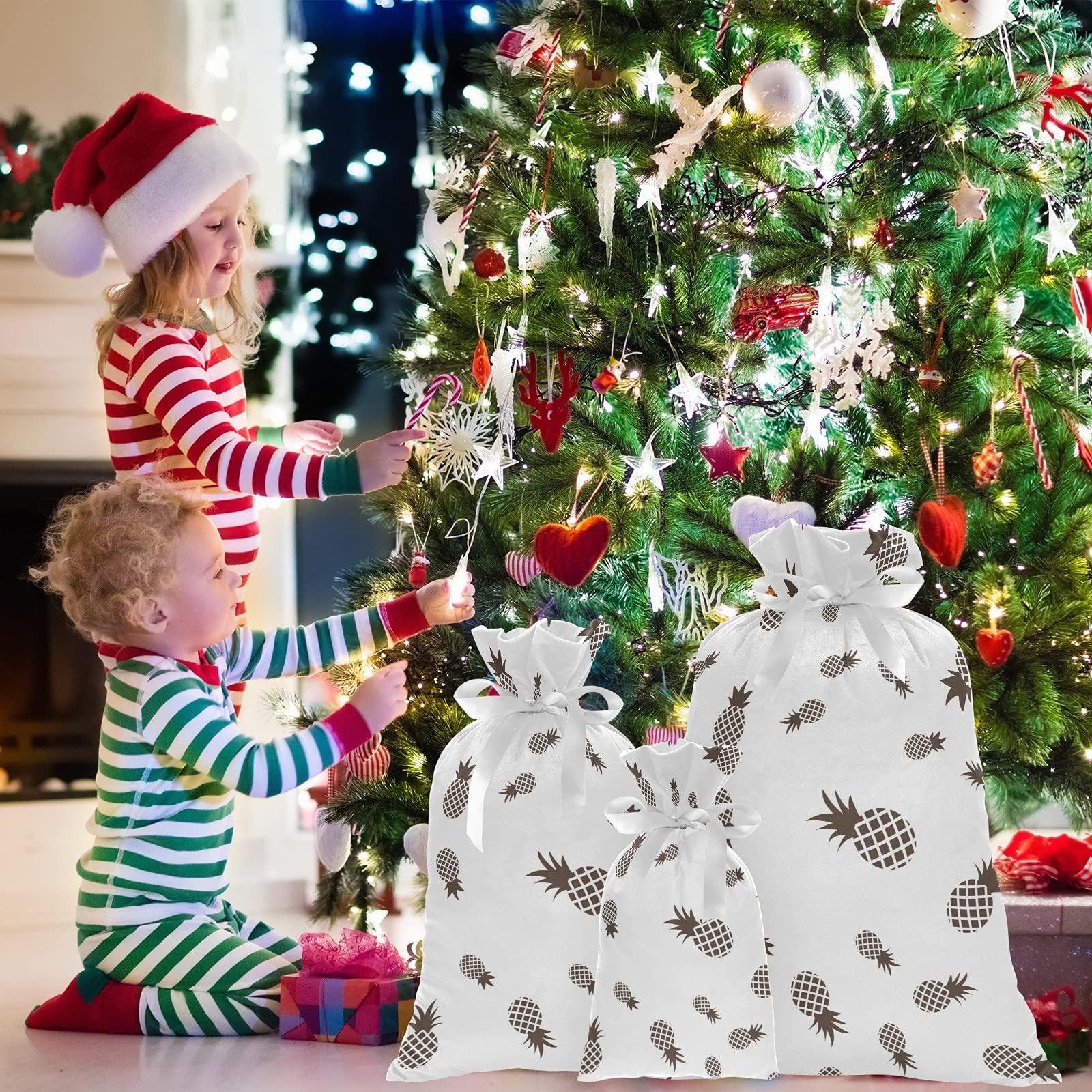 BEYODD Black and White Pineapple 3 Pack Christmas Gift Bags, Drawstring Xmas Bag, Gift Wrapper Bag for Holiday and Parties