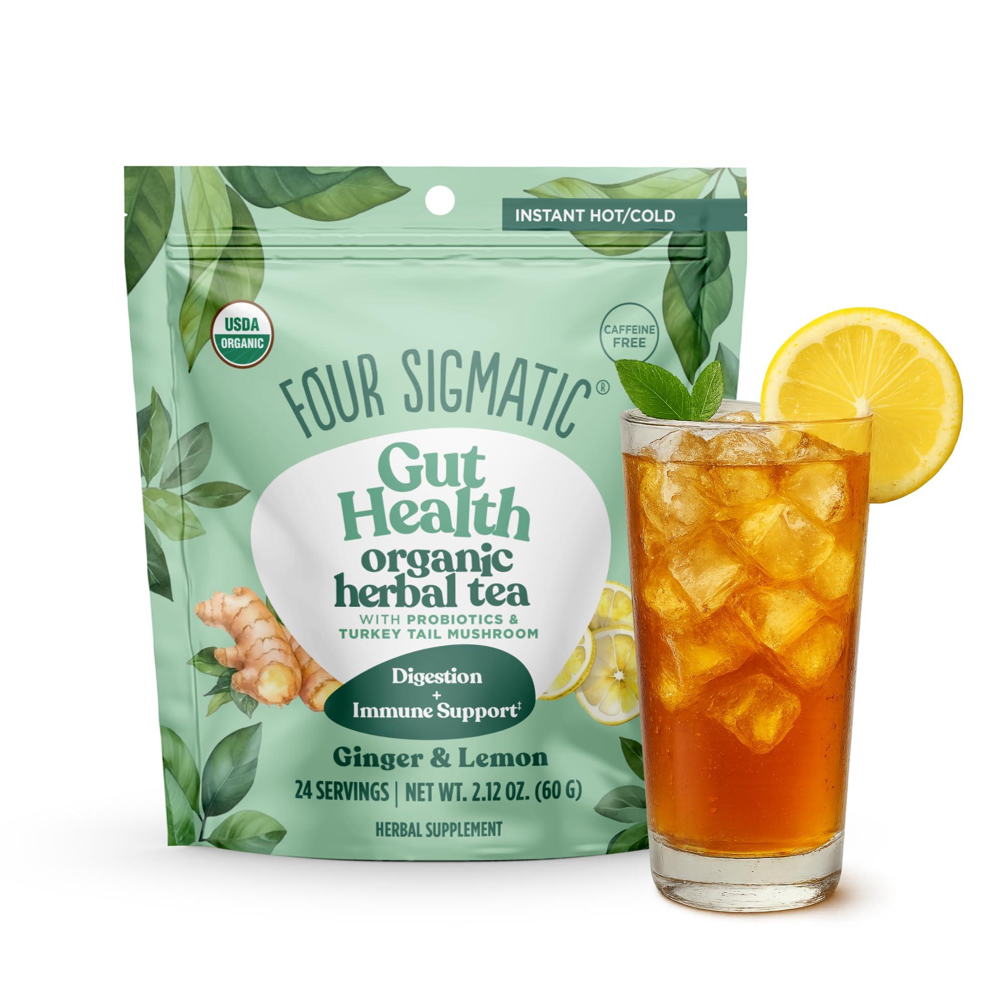 Four Sigmatic Four Sigmatic Happy Gut Organic Herbal Tea | Organic Lemon Ginger with Probiotics & Turkey Tail Mushroom | Instant Digestive Tea | Vegan, Gluten-Free | Lemon Ginger, 24 Servings