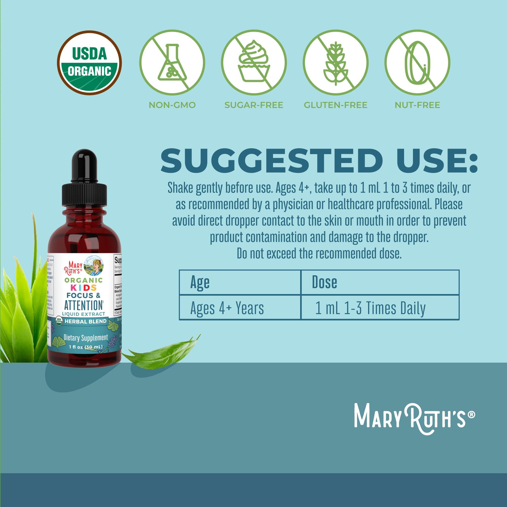 MaryRuth Organics MaryRuth Organics Kids Brain Supplements for Memory and Focus, USDA Organic Drops with Ginkgo Biloba, Rhodiola Root & Licorice Root, Focus & Attention, Calm, Vegan, Non-GMO, Gluten Free, 30 Servings