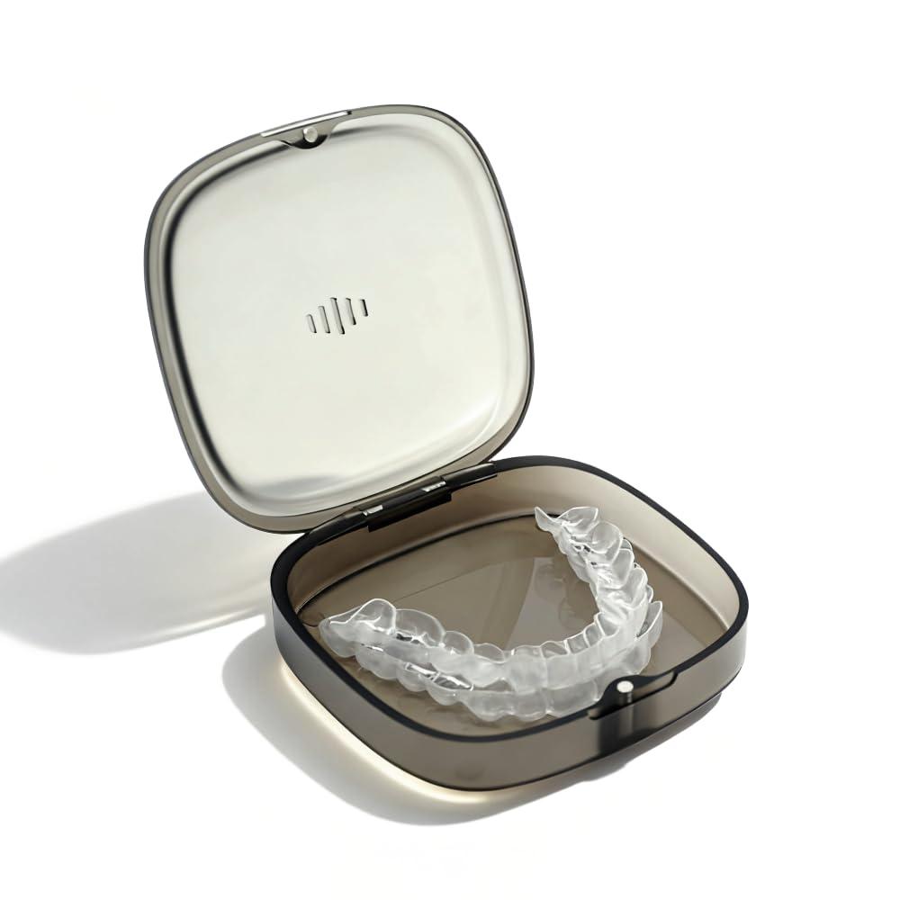 Maobuli Transparent Slim Retainer Case, Stylish Small Aligner Case, Thin Night Guard Case with Vent Holes, Portable Retainer Holder Compatible with Invisalign(Dark Grey)