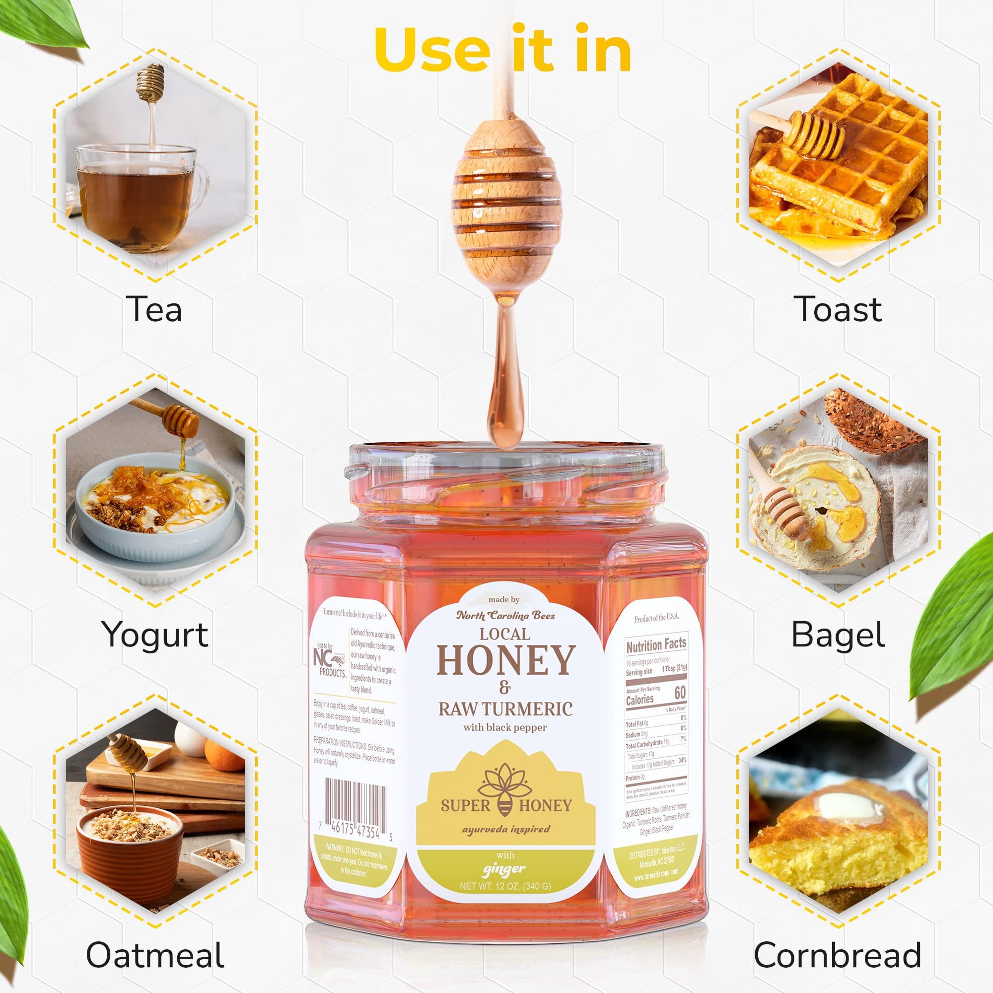 SUPER HONEY AYURVEDA INSPIRED SUPER HONEY North Carolina Honey with Turmeric, Ginger and Black Pepper, Ayurveda Inspired 100% Wildflower Pure Raw Honey, Unfiltered and Naturally Delicious - 12oz. Glass Jar