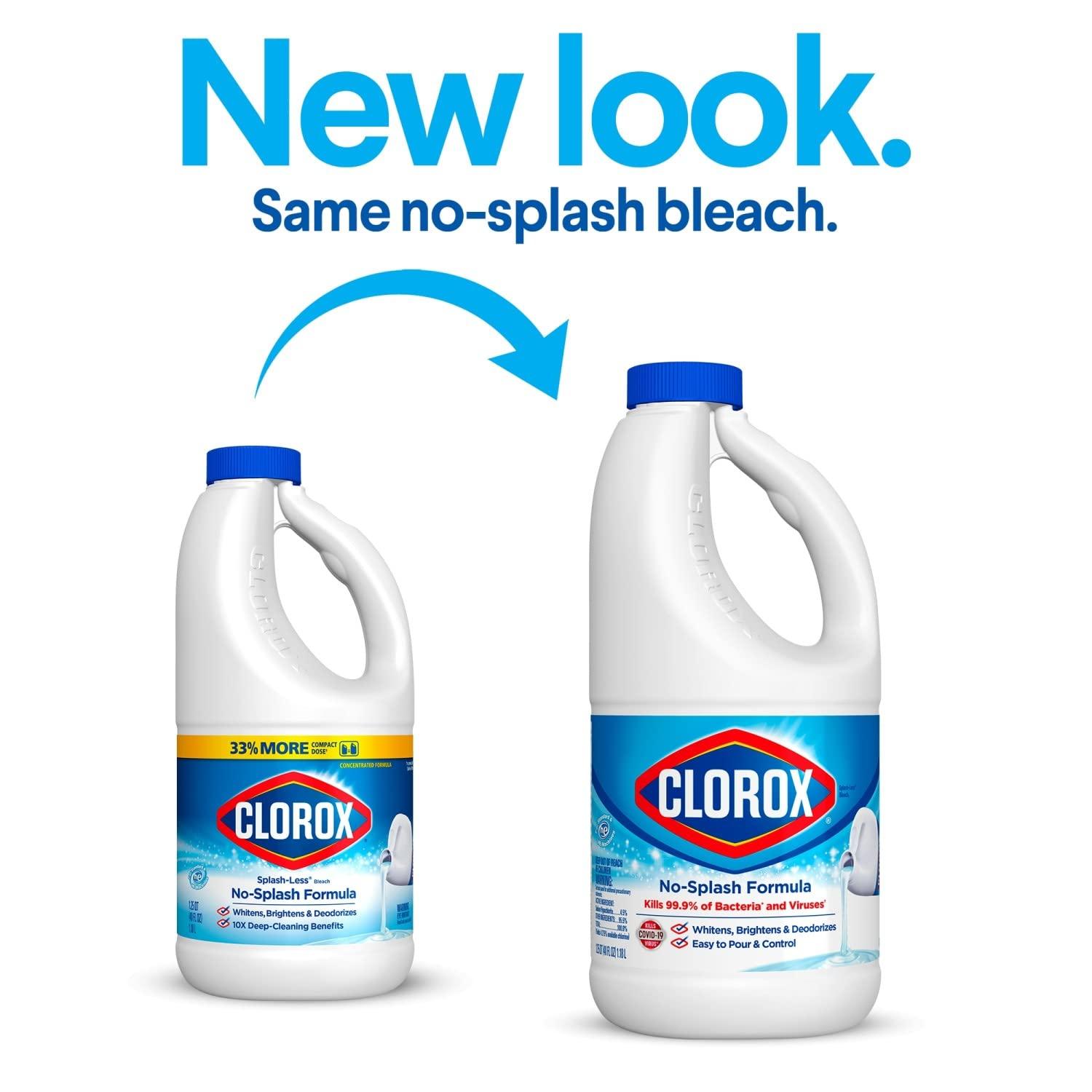 Clorox Clorox Splash-Less Bleach1, Disinfecting Bleach Kills 99.9% of Bacteria and Viruses, Regular 40 Fluid Ounce Bottle - Pack of 2 (Package May Vary)