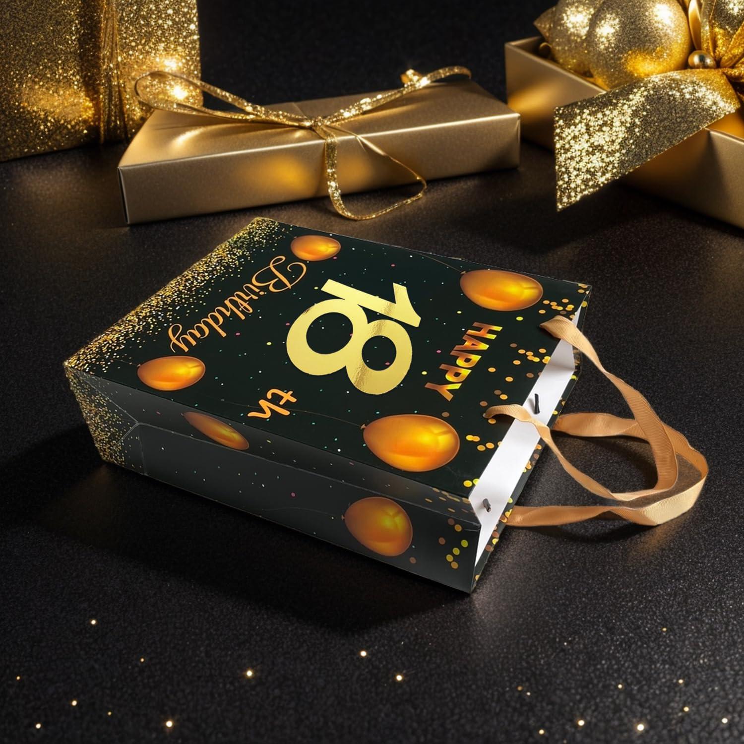 icanstand icanstand Black Gold 18th Birthday Gift Bag with Greeting Card, Envelope and Tissue Paper for Men Women, 13\" Large Gift Wrap Bag with Handles for Birthday Party Decorations Supplies (18th)