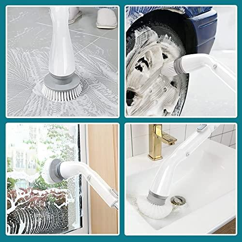opodee Electric Spin Scrubber, Electric Cleaning Brushes with Extendable Handle and 4 Replaceable Brush Heads, Cordless Spin Scrubber with 1.5 HrsPower Cleaning Brush for Bathroom Floor Tile (White)