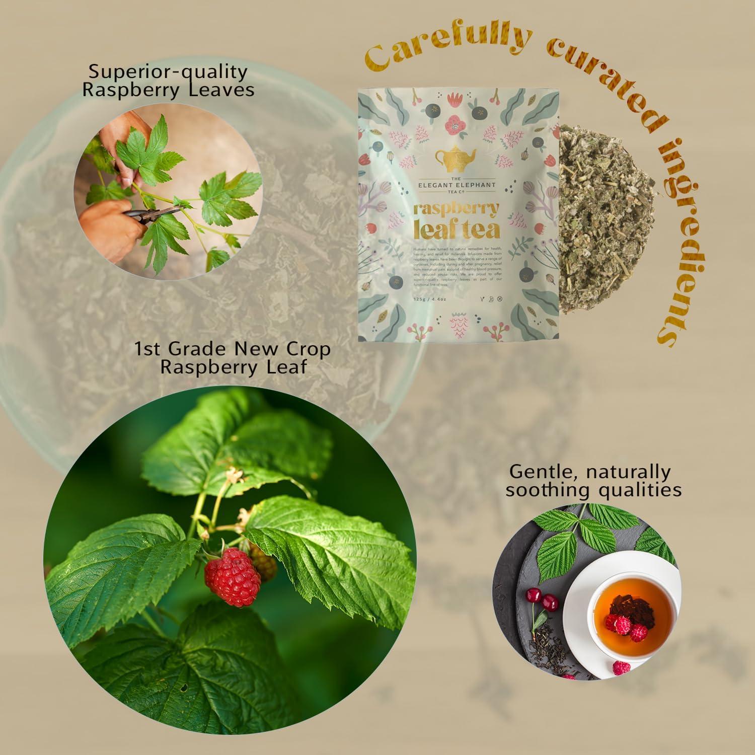 The Elegant Elephant The Elegant Elephant Raspberry Leaf Tea Loose Leaf Tea for Reproductive Health Support Natural Herbal Tea for Women Rich in Nutrients, Hot or Iced Resealable 4.4oz Pouch