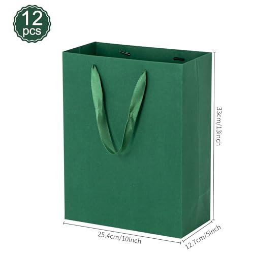 driew driew Large Dark Green Gift Bags, 12 Pack Extra Large Deep Green Gift Bag Ribbon Handles Heavy Duty Paper Gift Bags 10x5x13 inches Party Gift Bags for Shopping, Pakcing,Retail