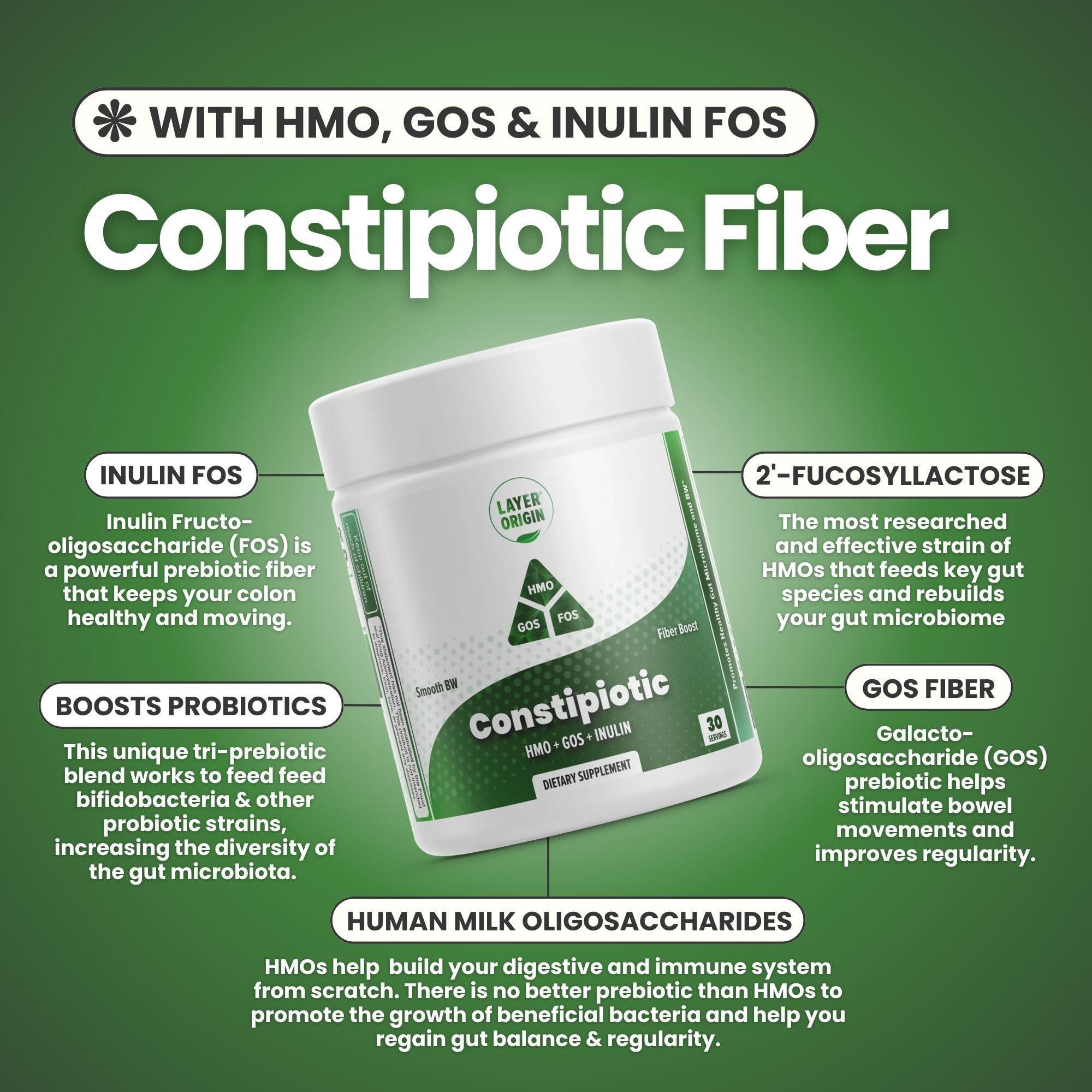 Layer Origin Layer Origin Constipiotic Prebiotic Fiber to Ease Bowel Movement and Support Regularity - 4.4 g Per Serving - HMO 2\'FL, GOS, Inulin FOS - 30-Day Supply - Unflavored, No Taste, Dissolve Easily
