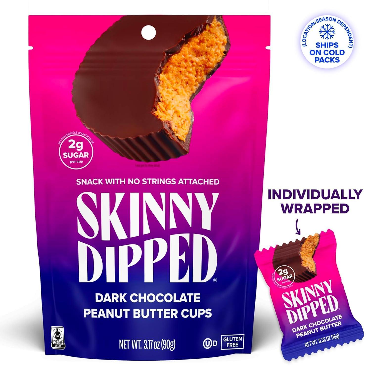 SKINNYDIPPED SkinnyDipped Dark Chocolate Peanut Butter Cups, 2g Sugar per Cup, Keto Friendly, No Stevia, Gluten Free, 3.2oz, 1 Pack (6 Cups Total)